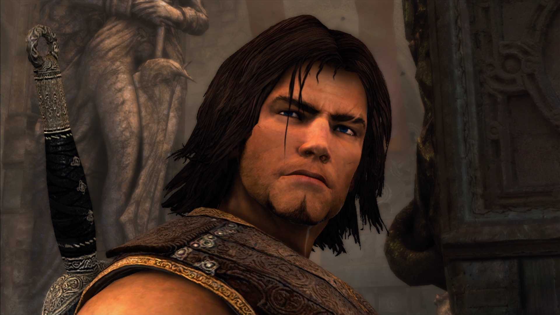 Prince of Persia: The Forgotten Sands, Ornate sheathed sword hilt, Carved stone statue, Full HD Desktop wallpaper