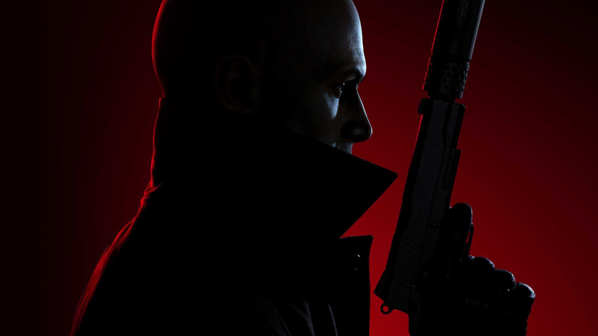 Agent 47 profile silhouette, ICA19 suppressed pistol, Crimson red backdrop, Full HD Desktop wallpaper