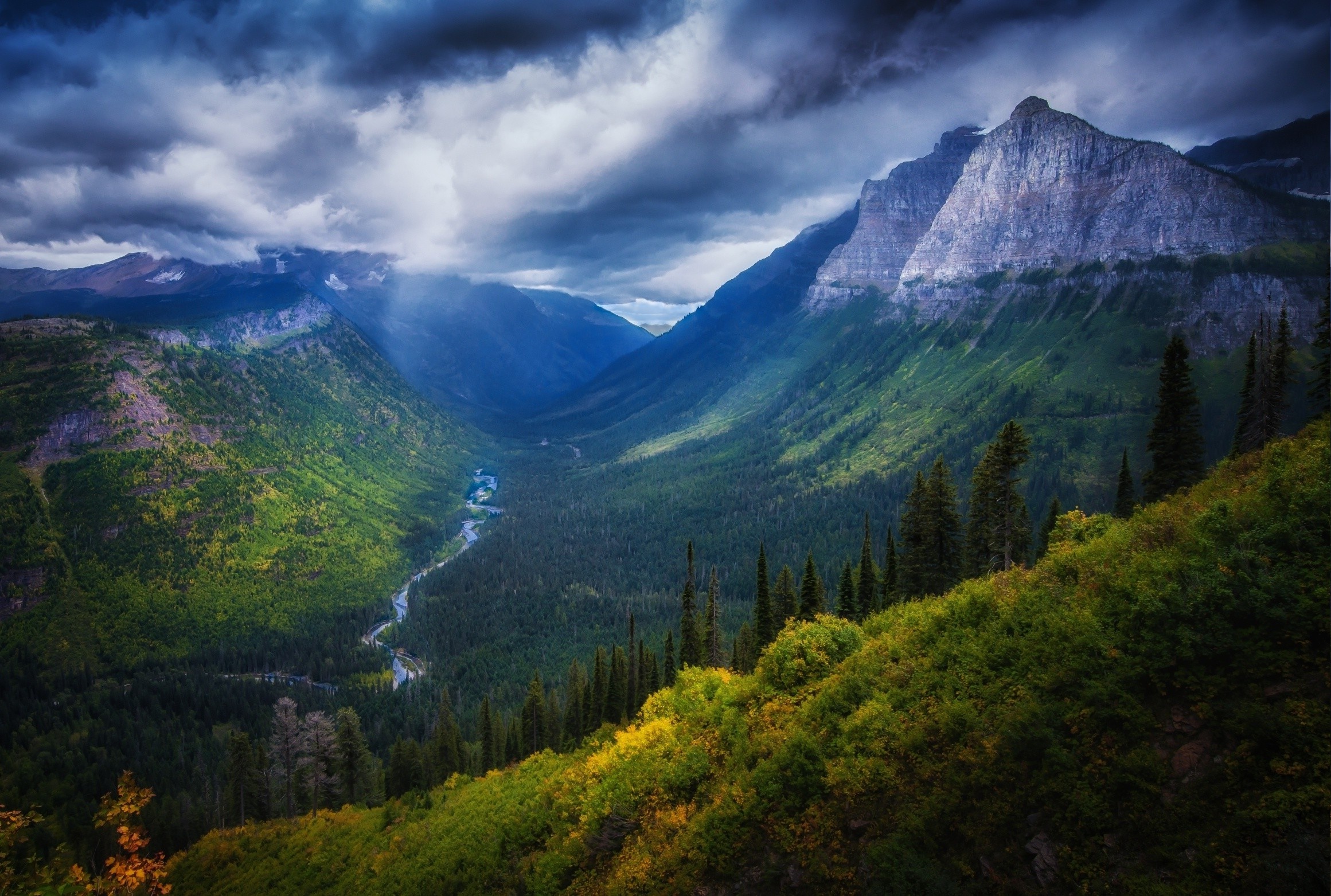 Glacier National Park, winding valley river, dramatic storm clouds, HD Desktop wallpaper