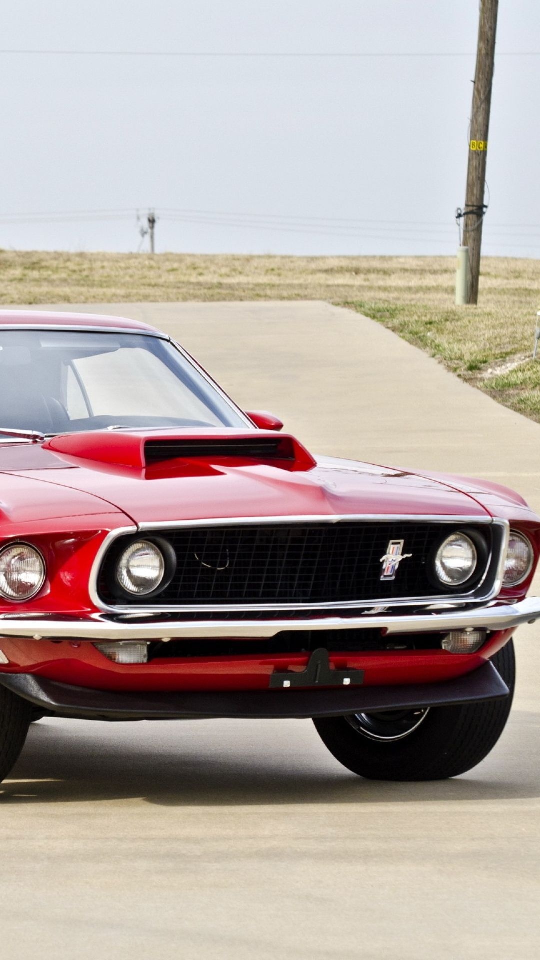 1969 Ford Mustang, Mustang hood scoop, Front grille pony emblem, Full HD Phone wallpaper