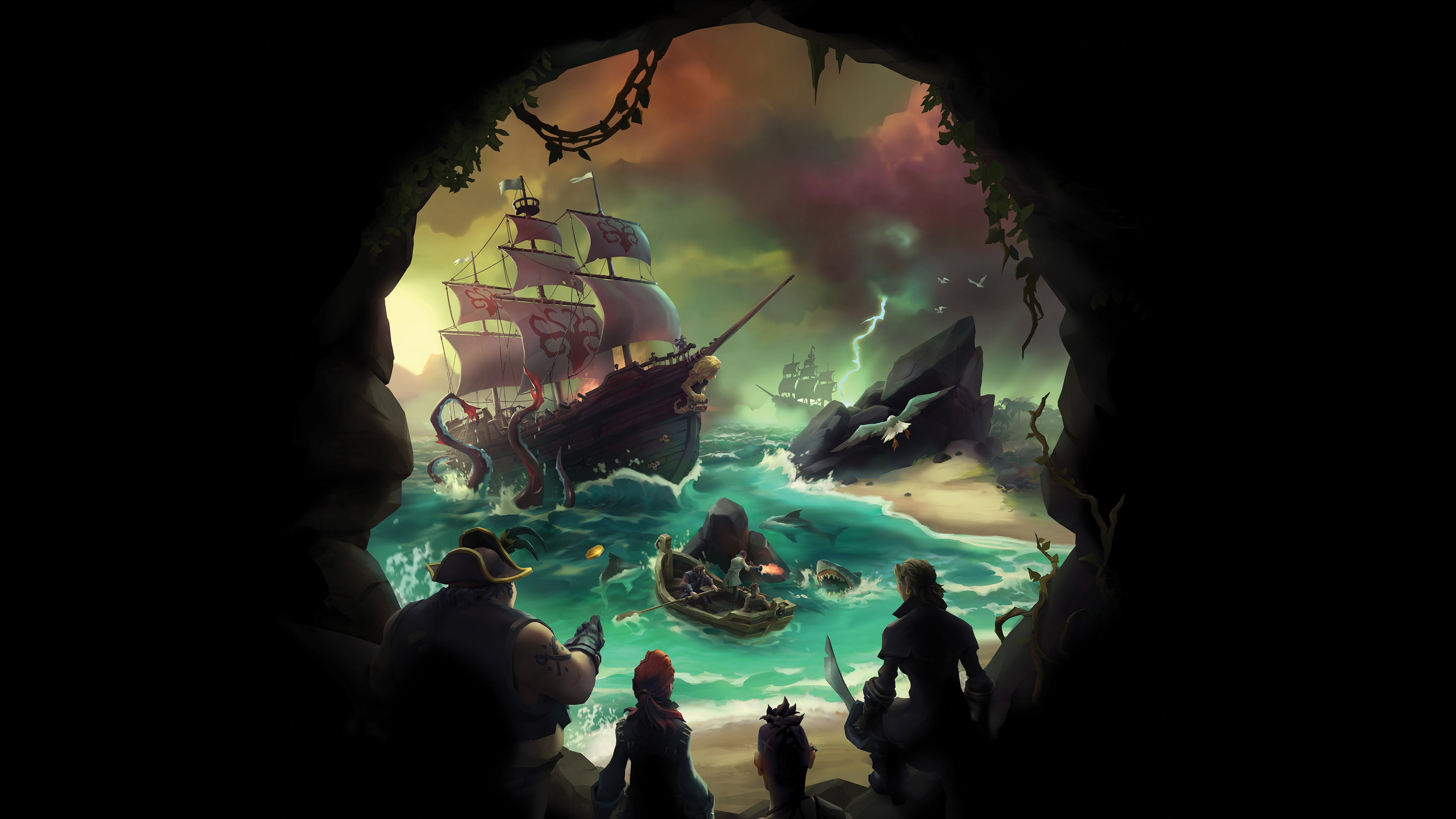 Sea of Thieves, Kraken attacking pirate galleon, Pirates overlooking sea cave, 4K Desktop wallpaper