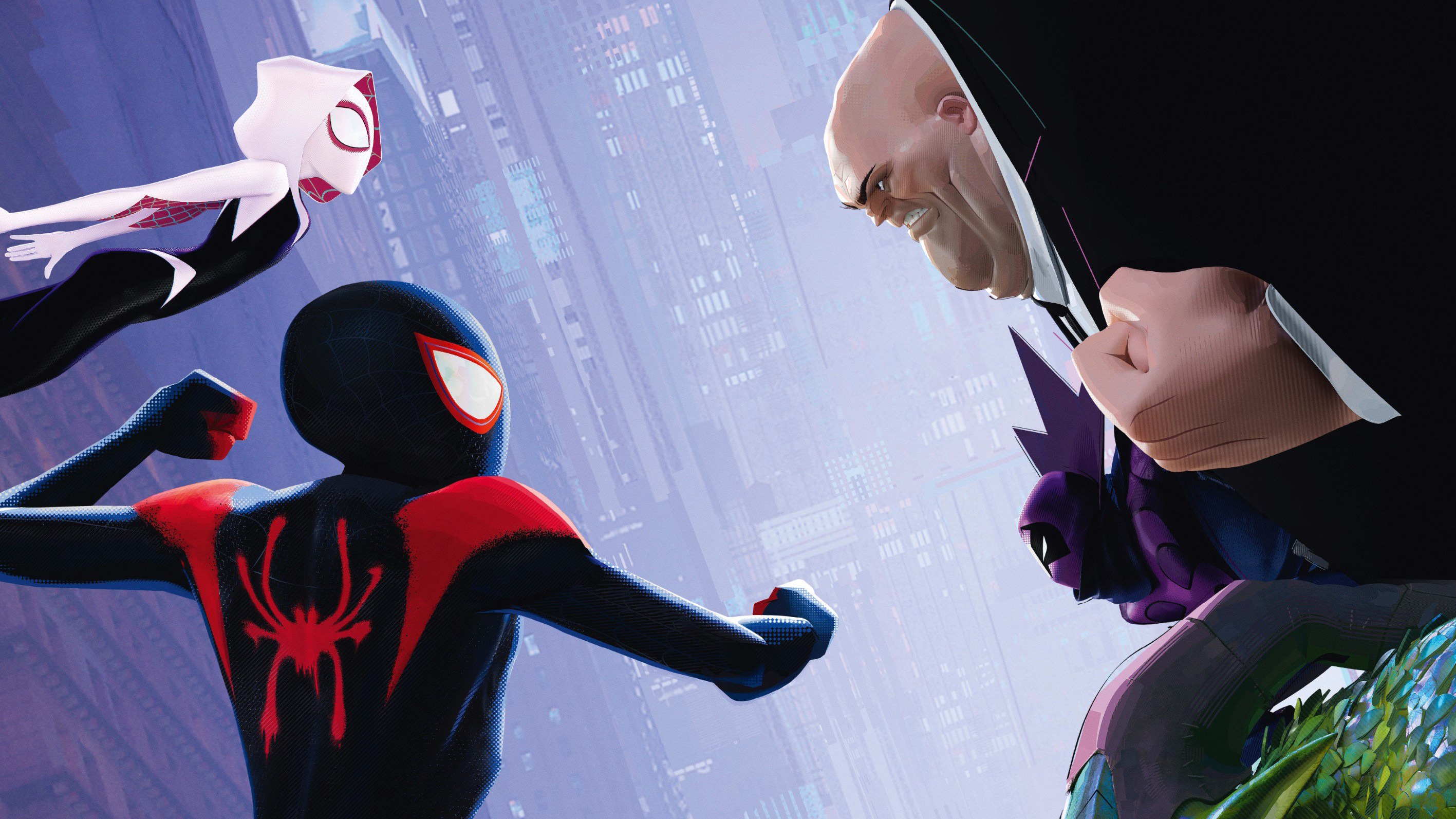 Into the Spider-Verse, Miles Morales, Spider-Gwen (Gwen Stacy), Kingpin, Red spider emblem, Tilted skyscraper background, HD Desktop wallpaper