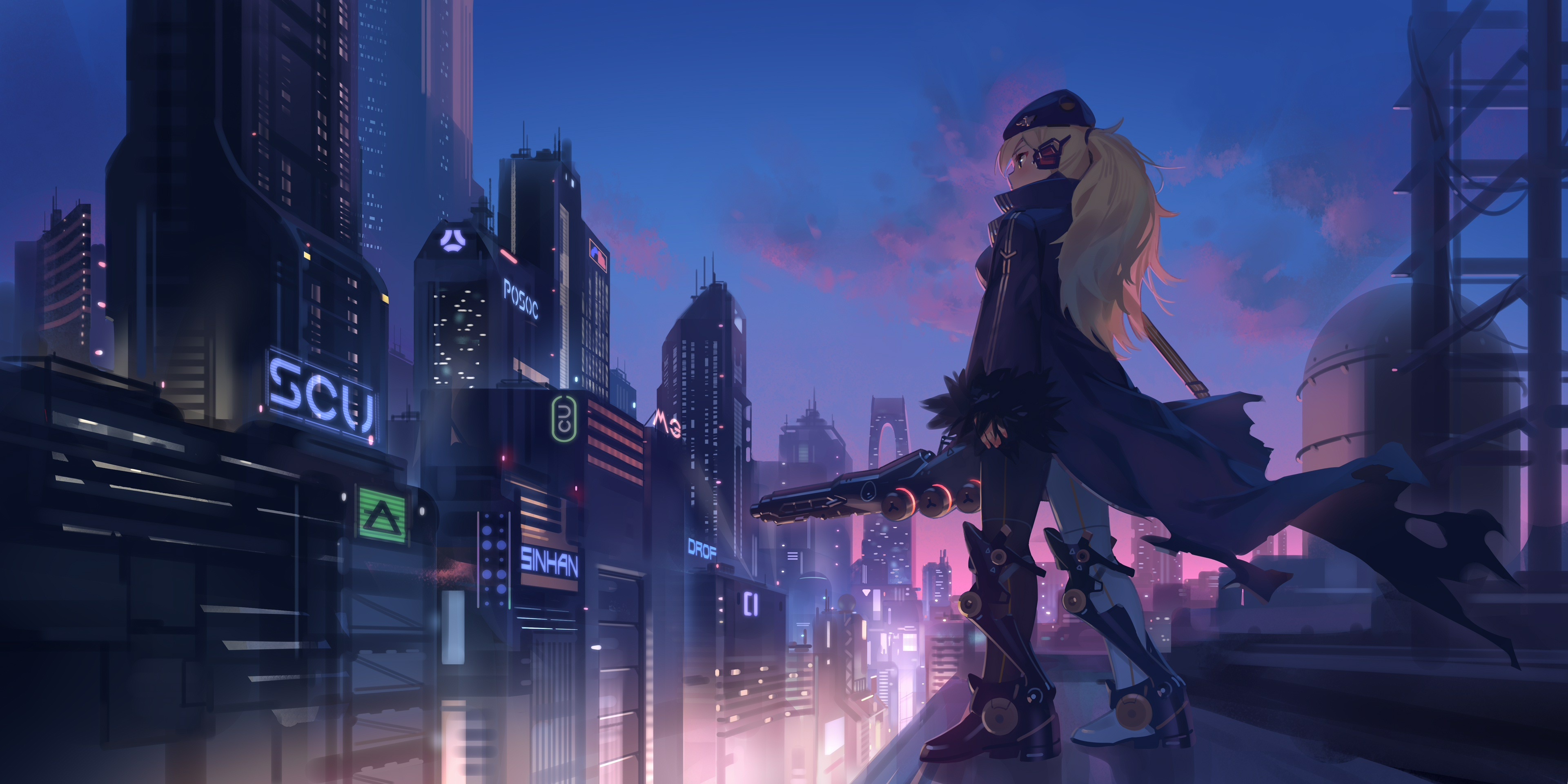 blonde anime sniper girl, neon cyberpunk skyscrapers, futuristic sci-fi rifle, Dual Screen Desktop wallpaper