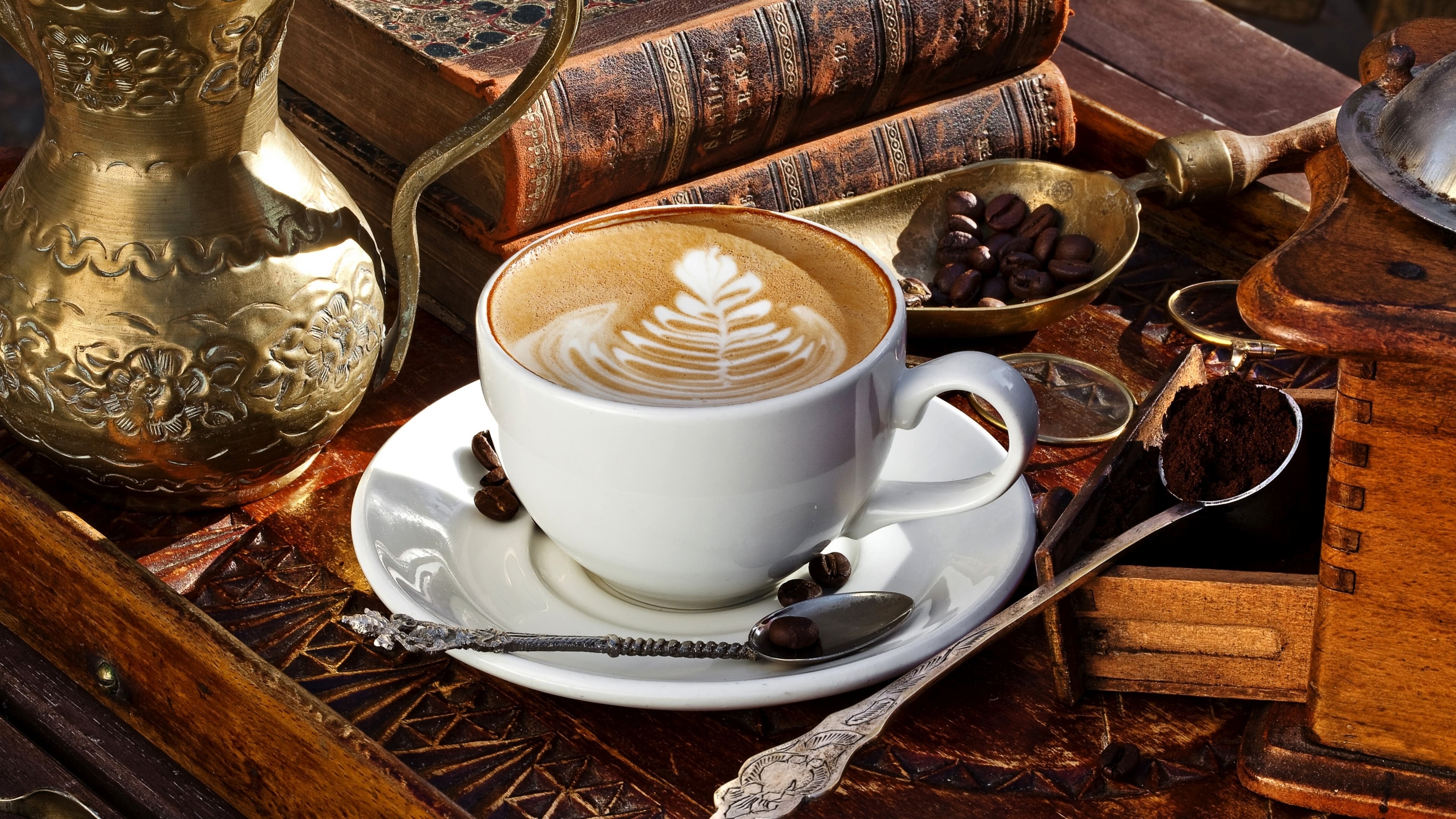 Latte, Vintage books, UHD wallpaper, 3840x2160 4K Desktop