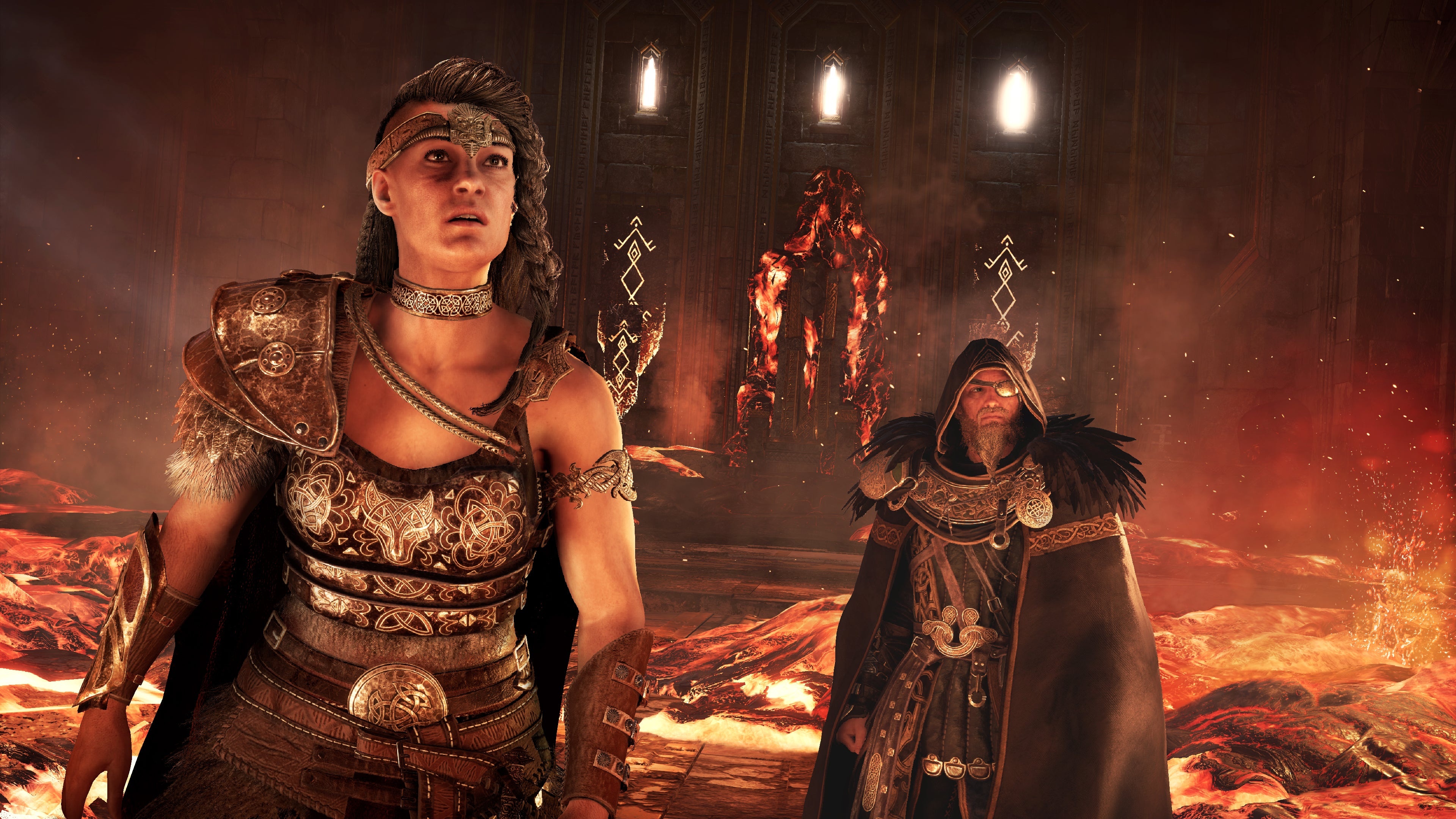 Eysa, Havi, Assassin's Creed Valhalla: Dawn of Ragnarök, Muspelheim lava chamber, 4K Desktop wallpaper