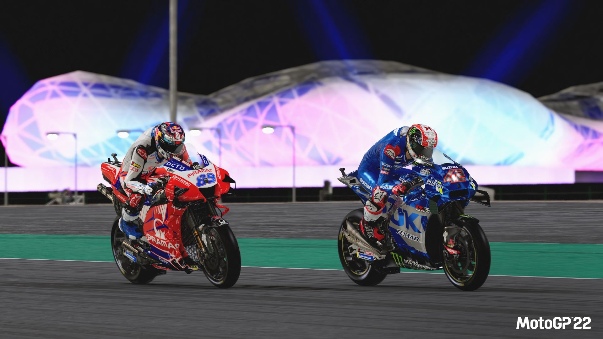 Jorge Martín Pramac Ducati, Alex Rins Suzuki Ecstar, Lusail International Circuit, Full HD Desktop wallpaper