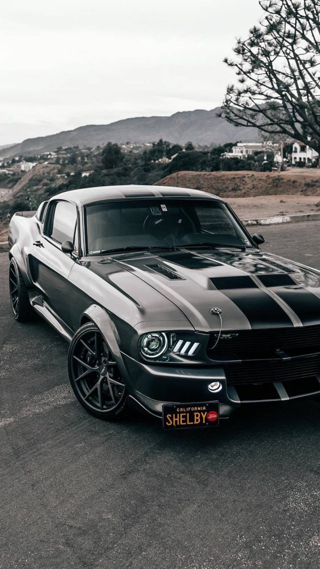 1967 Ford Mustang Shelby GT500, Gunmetal body with racing stripes, California coastal hillside, Full HD Phone wallpaper