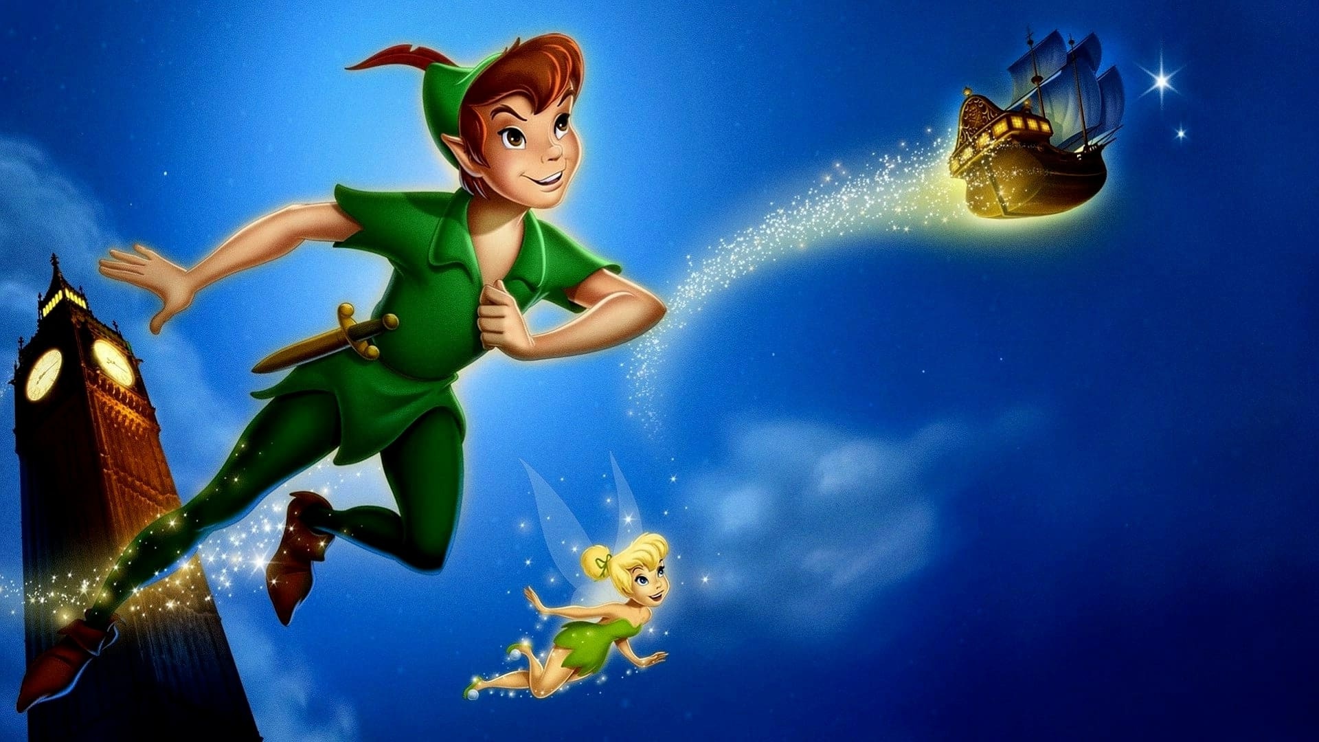 Peter Pan flying, Tinker Bell, Big Ben clock tower, Jolly Roger flying ship, Full HD Desktop wallpaper