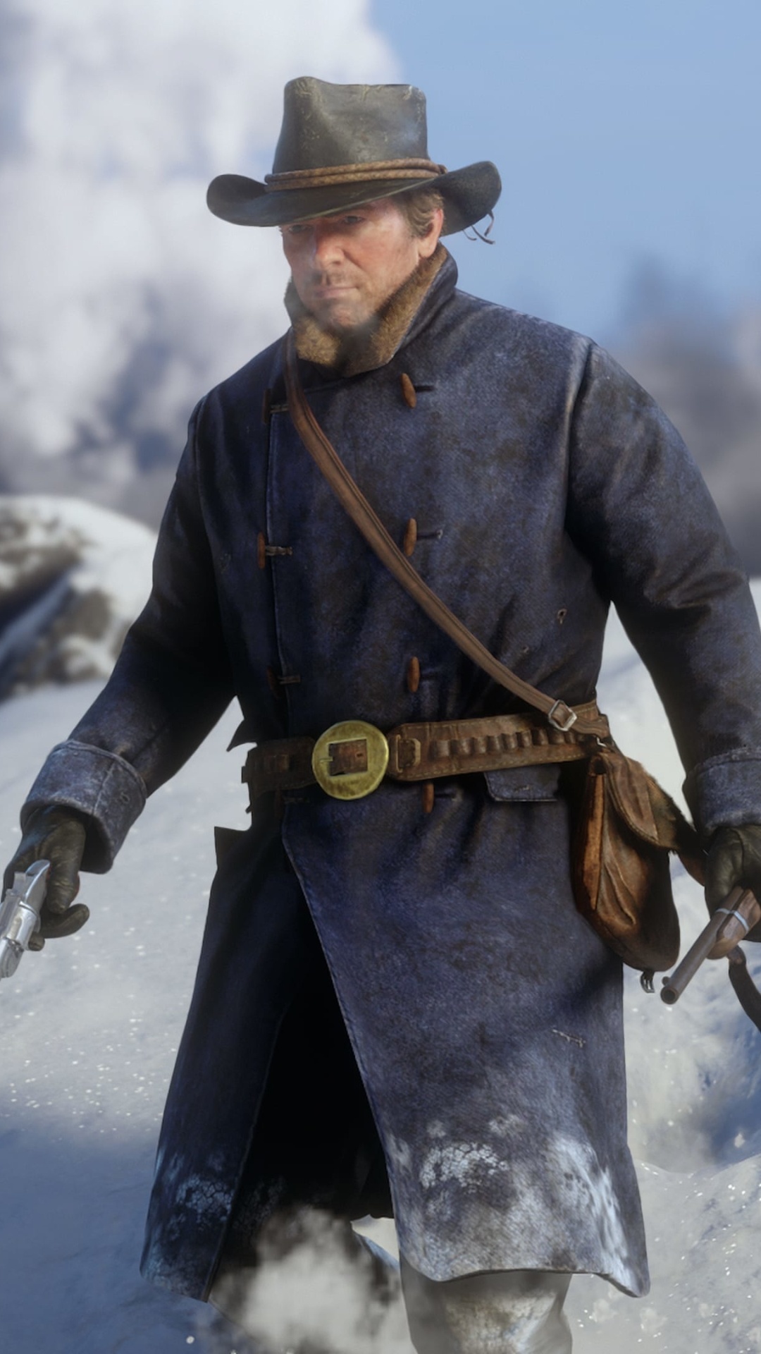 Arthur Morgan, blue winter duster coat, snow covered mountain, Full HD Phone wallpaper