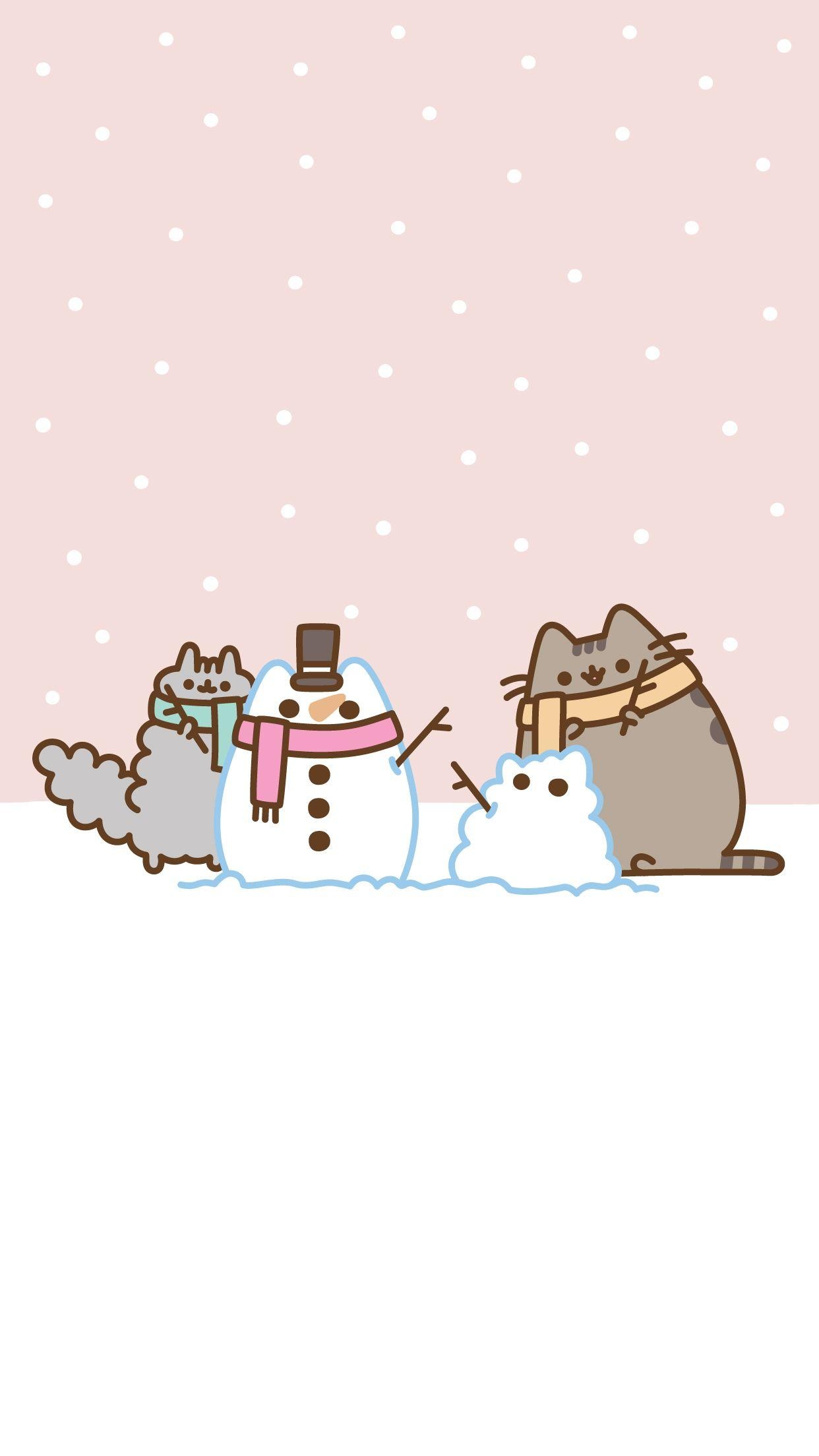 Pusheen and Stormy, Cat snowman with scarf, Pastel pink falling snow, HD Phone wallpaper