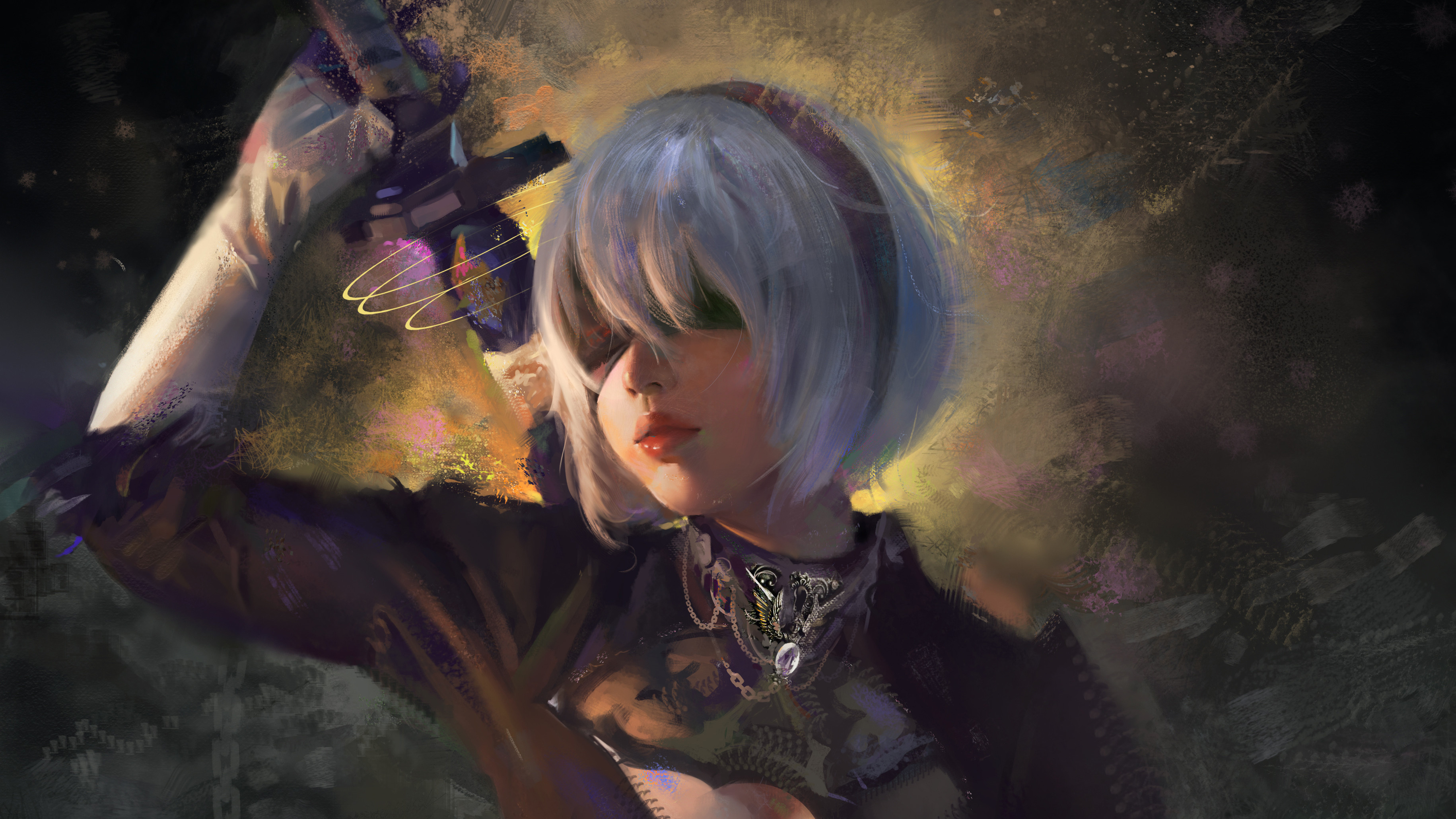 2B NieR: Automata, Virtuous Contract katana, Textured painterly backdrop, HD Desktop wallpaper