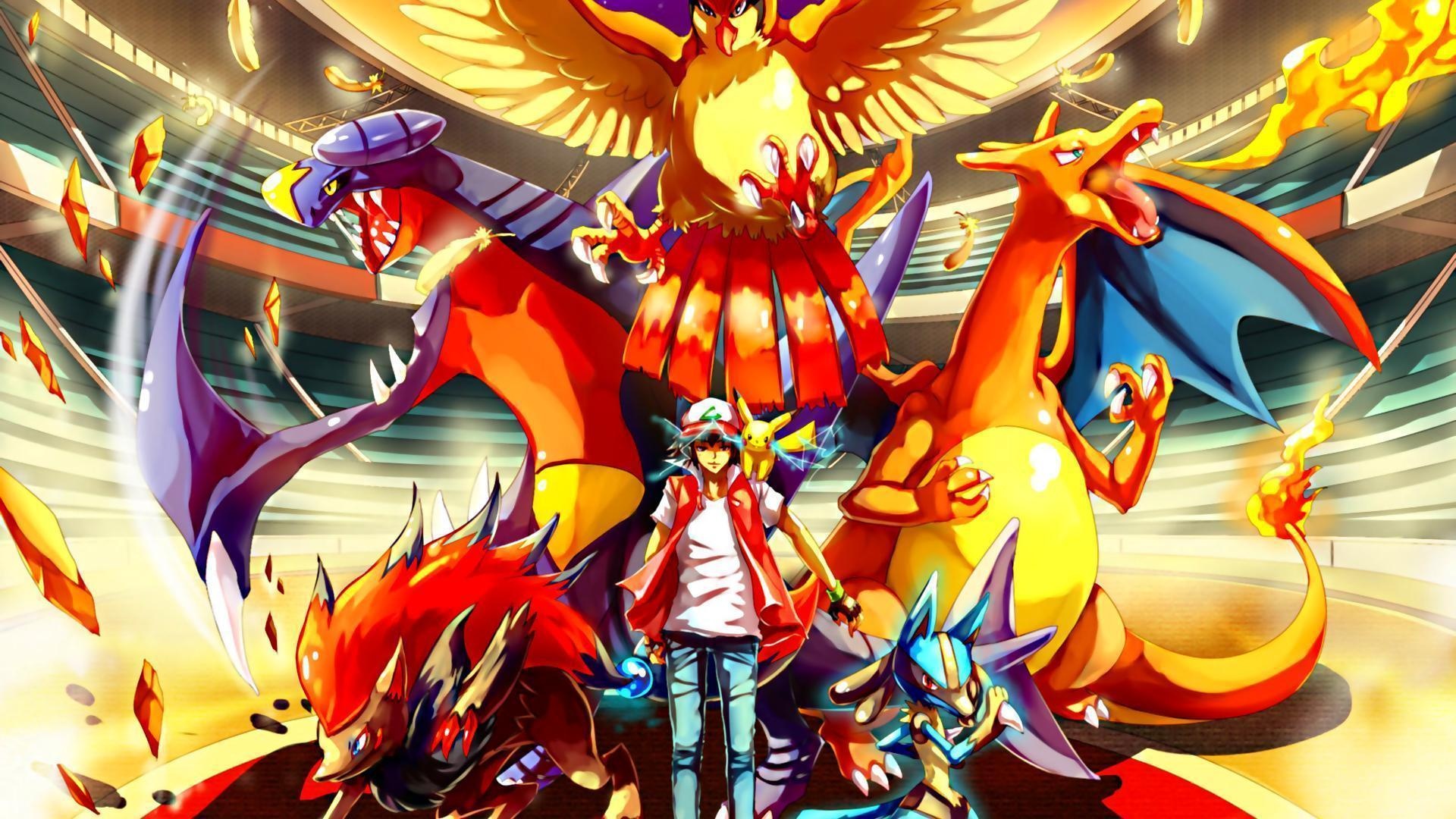 Pikachu, Charizard, Lucario, Garchomp, Trainer Red, Full HD Desktop wallpaper
