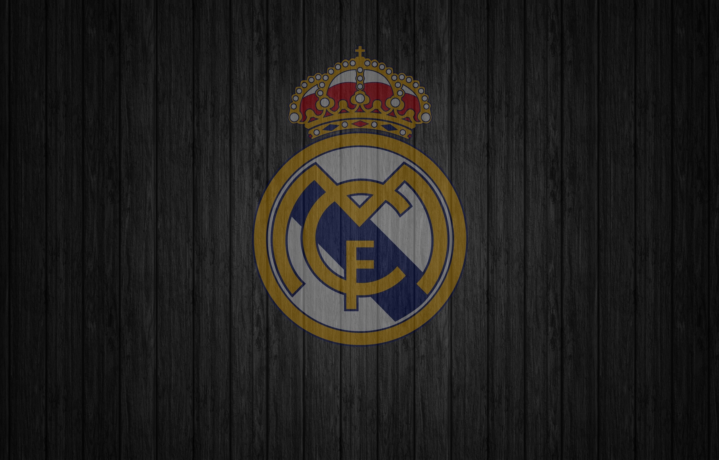 Real Madrid CF crest, dark vertical wood planks, royal crown emblem, HD Desktop wallpaper