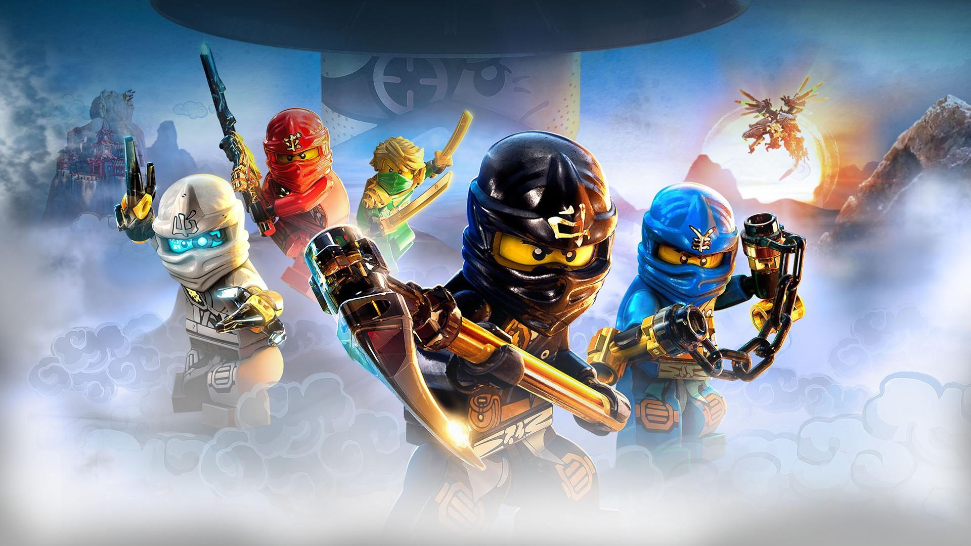 Cole with golden weapon, Zane in ice armor, Jay with golden nunchucks, Kai and Lloyd behind, Ninjago floating temple, Full HD Desktop wallpaper