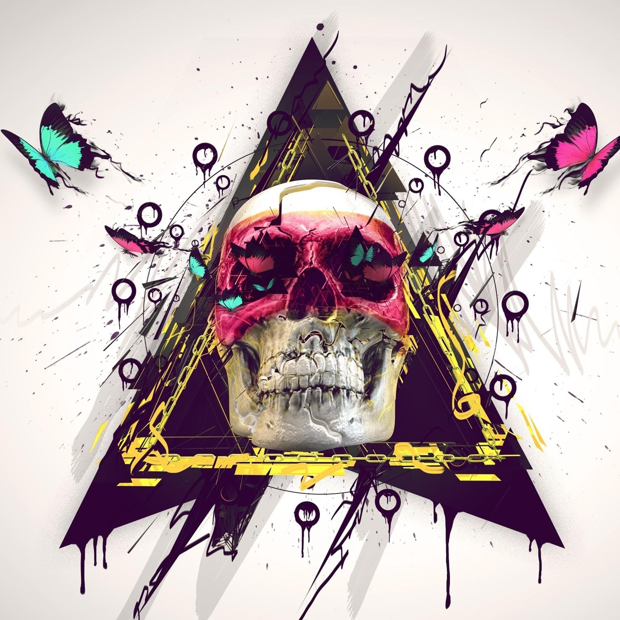 Crimson-topped skull in triangle, Teal and pink butterflies, Yellow chain graphics, Dripping ink circles, HD Phone wallpaper
