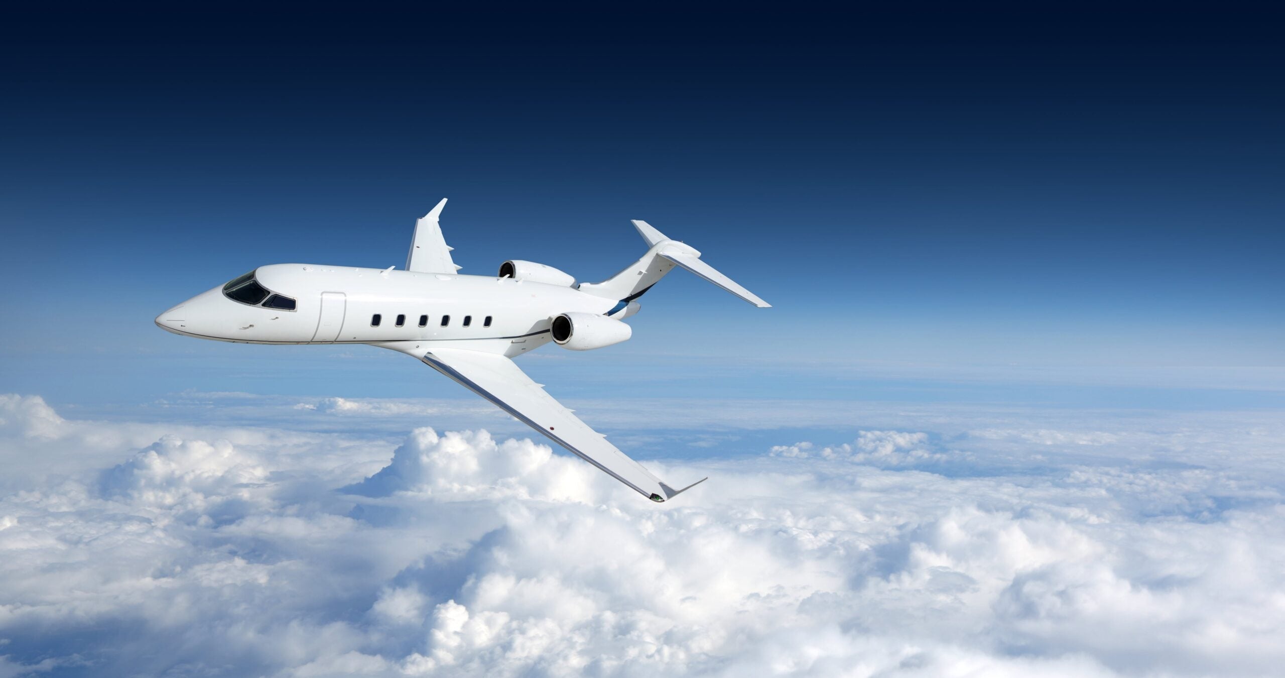 Bombardier Learjet 75, Fluffy white cumulus clouds, Deep blue sky, HD Desktop wallpaper