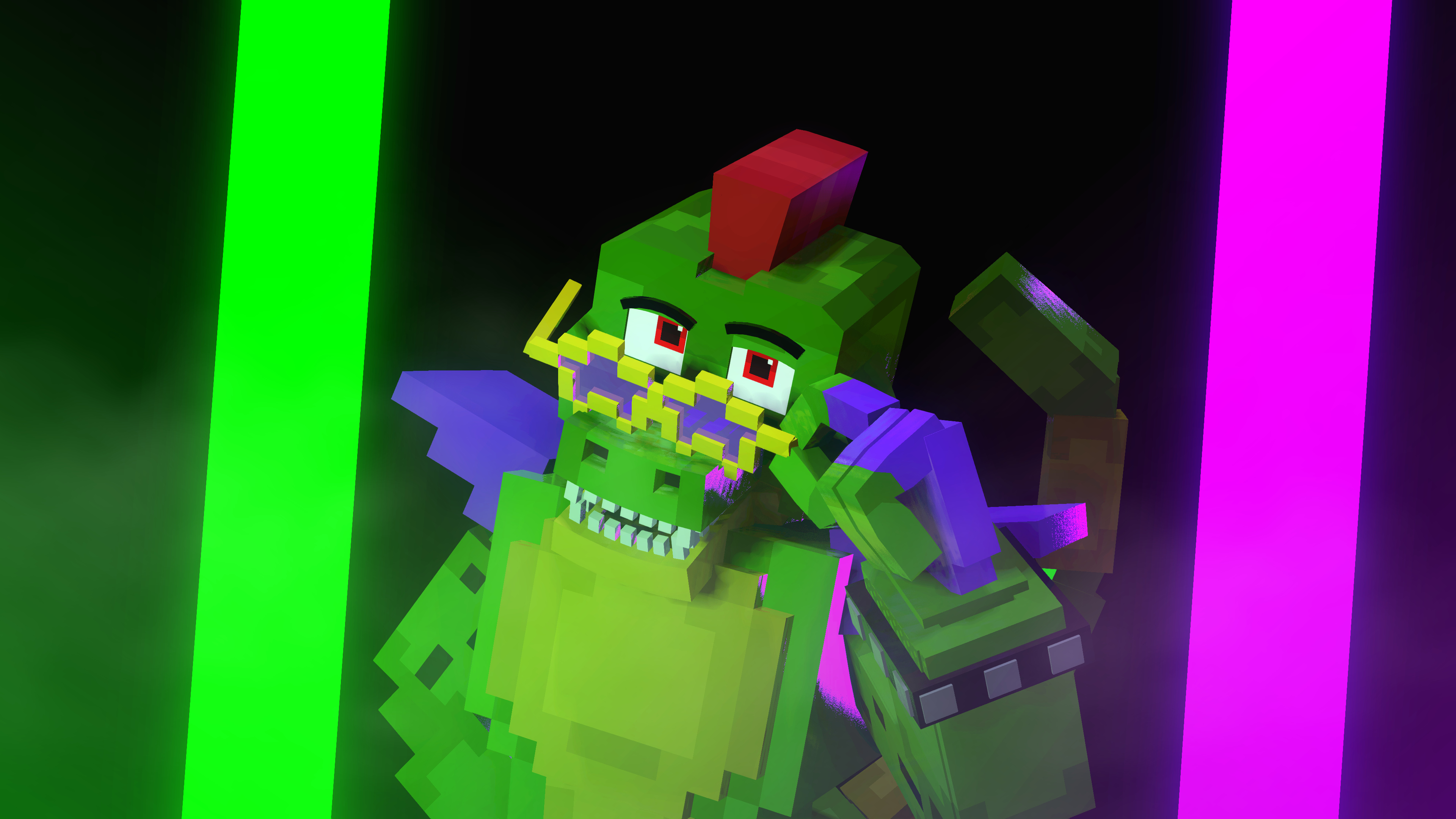 Montgomery Gator Minecraft model, Five Nights at Freddy's: Security Breach, Neon light pillars, 4K Desktop wallpaper