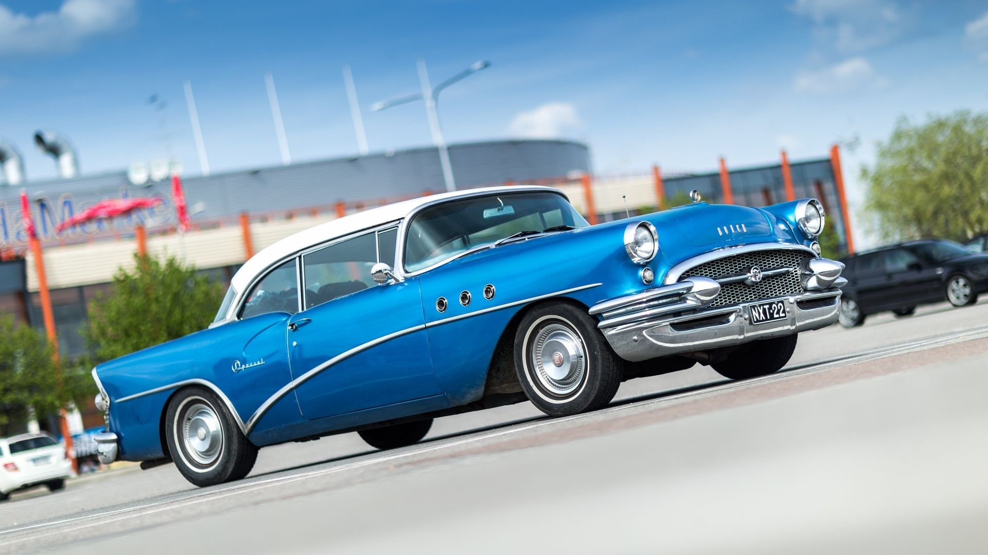 1955 Buick Special, license plate NXT-22, two-tone blue coupe, Full HD Desktop wallpaper