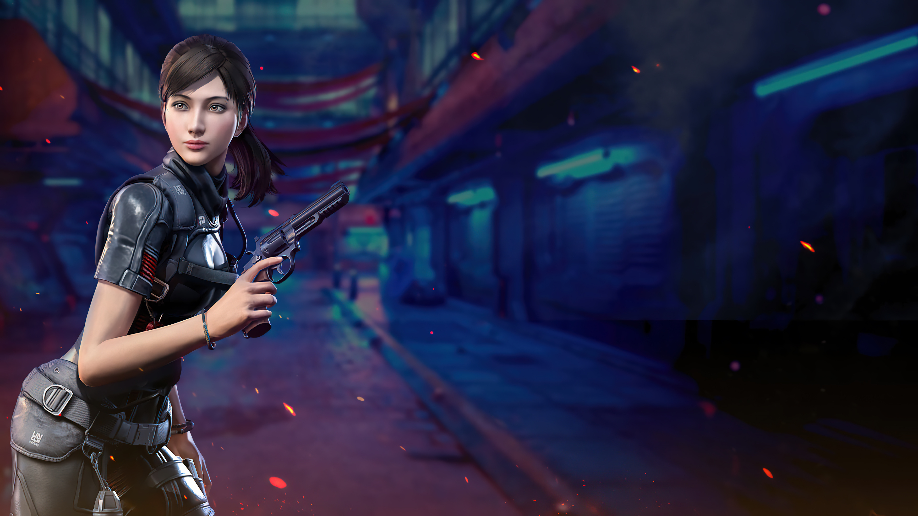 female operator with revolver, J358 revolver, neon-lit night alley, 4K Desktop wallpaper