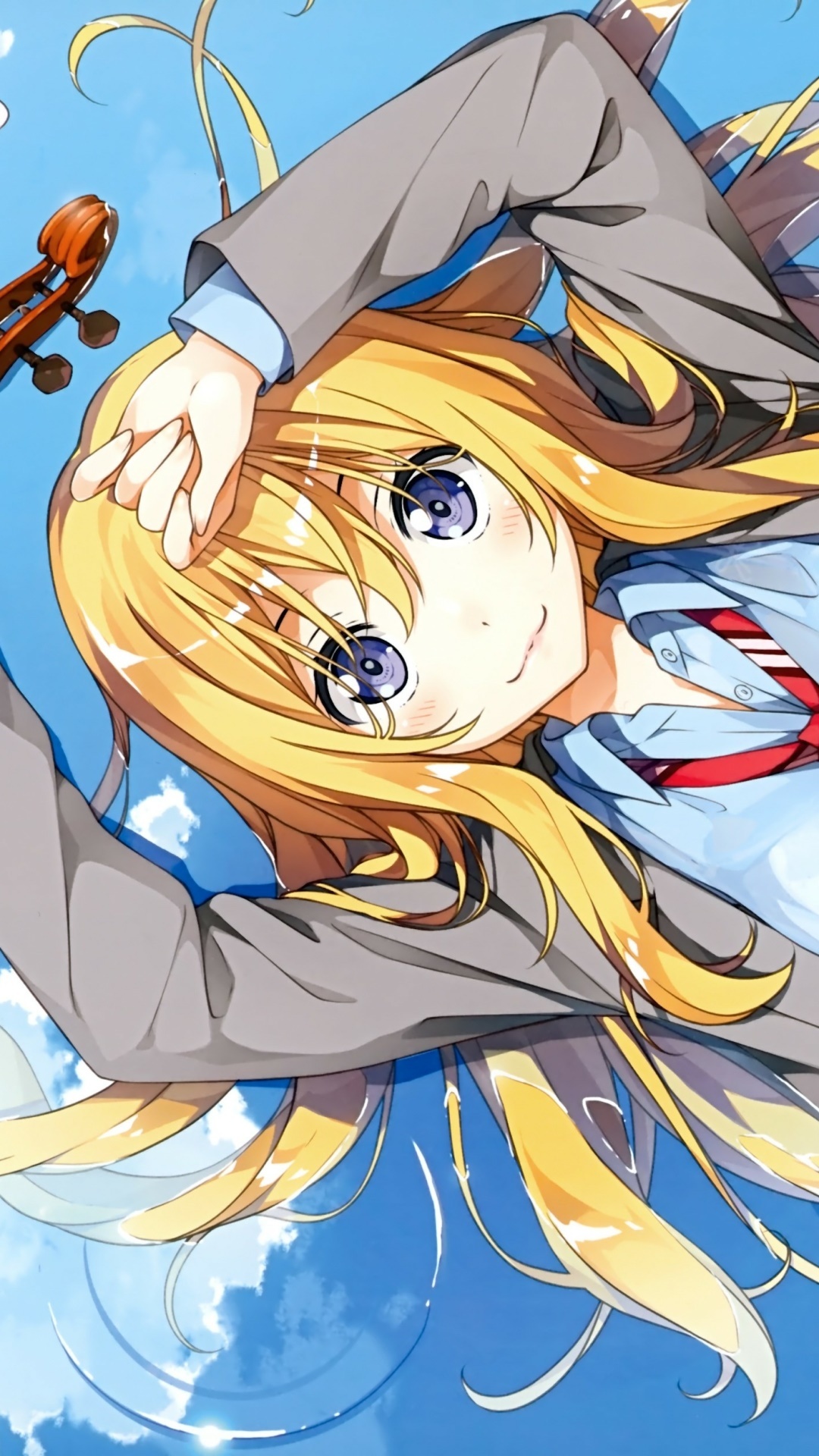 Kaori Miyazono, Violin scroll, Blue sky reflection, Full HD Phone wallpaper