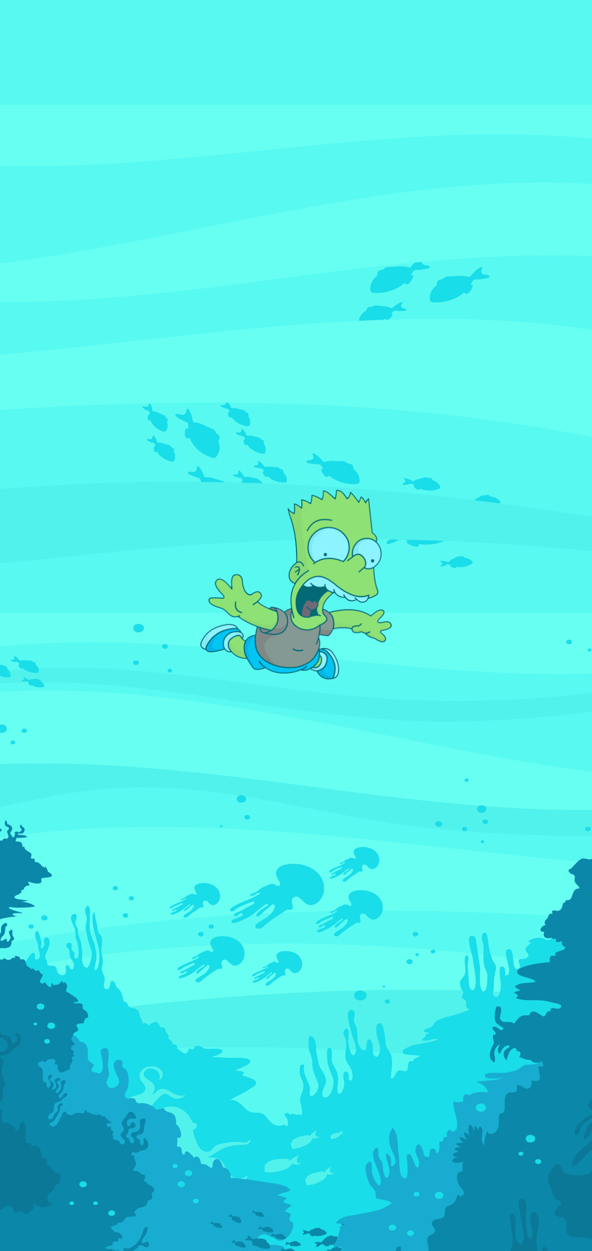 Bart Simpson underwater, Deep ocean jellyfish silhouettes, Cyan underwater coral reef, HD Phone wallpaper