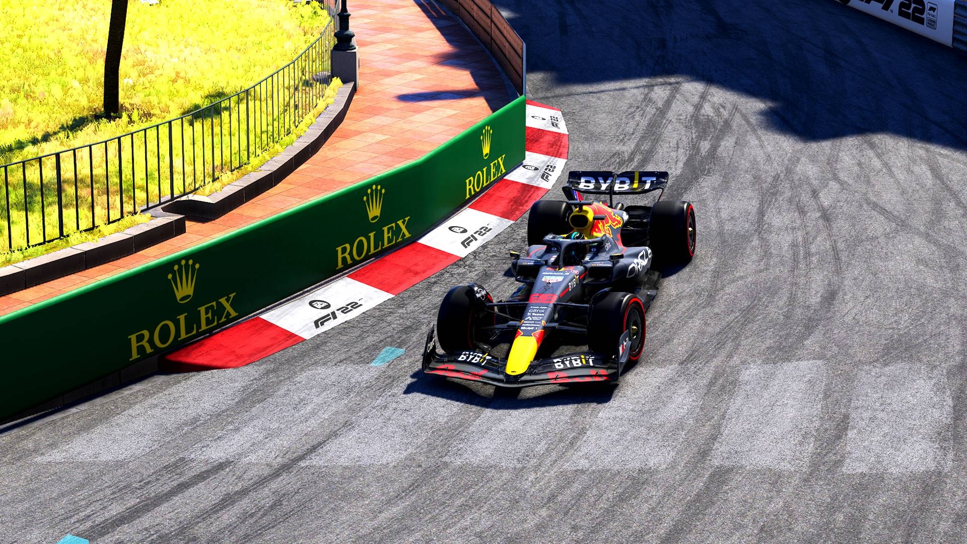 Red Bull Racing RB18, Circuit de Monaco hairpin, Rolex trackside barrier, Full HD Desktop wallpaper