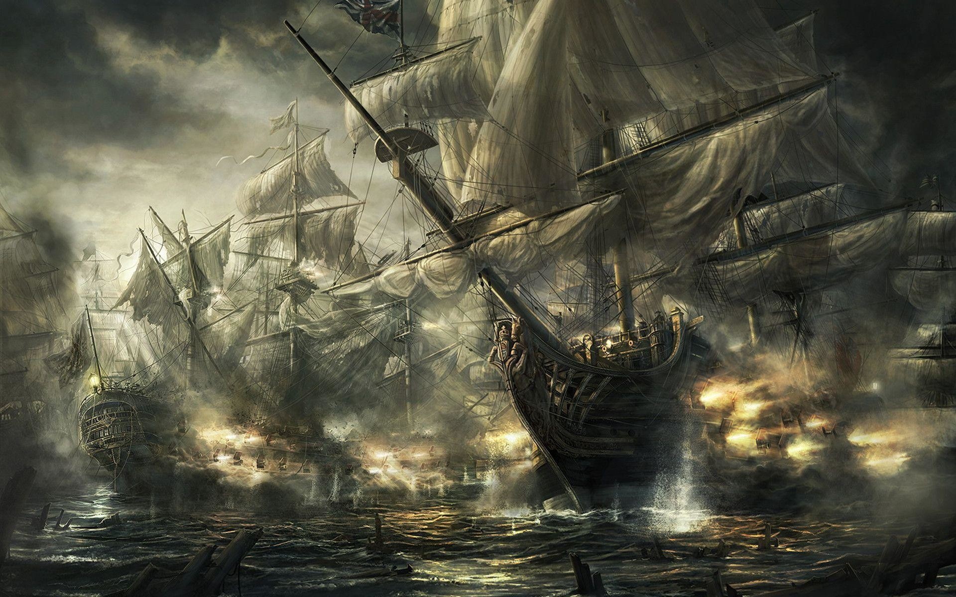 Galleon naval battle, Wooden sailing warships, Cannon fire smoke explosions, HD Desktop wallpaper