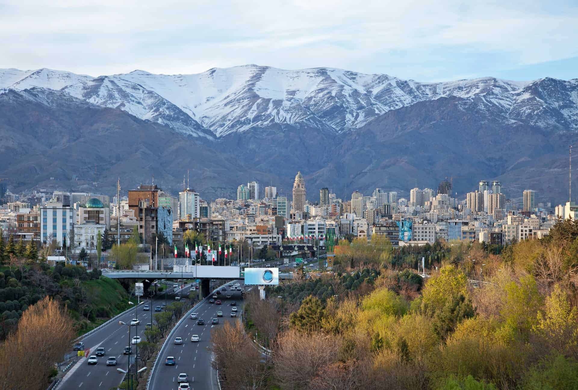 snow-capped Alborz Mountains, Modarres Expressway, Tehran city skyline, HD Desktop wallpaper