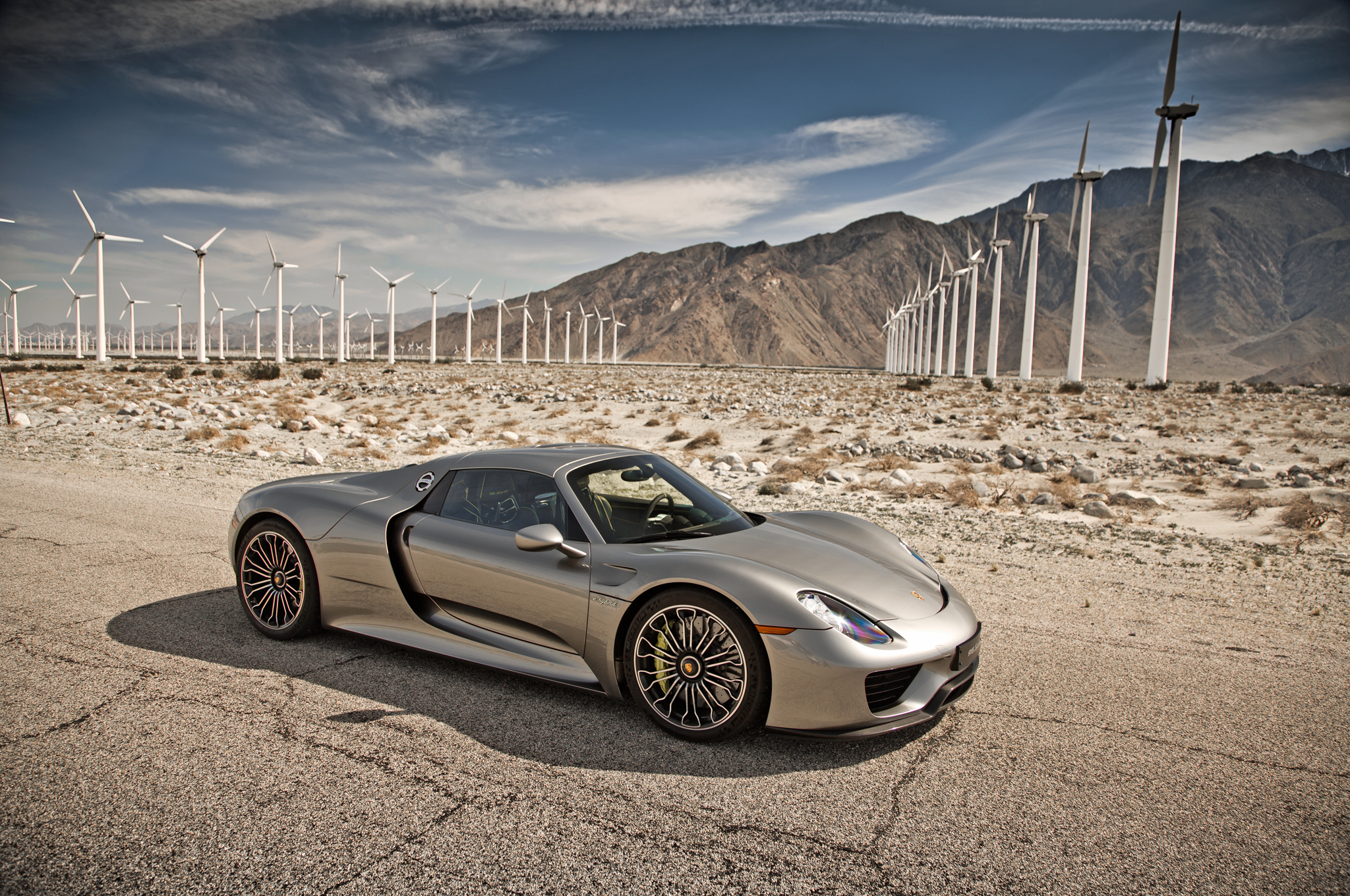 Porsche 918 Spyder, Palm Springs wind farm, Arid desert landscape, HD Desktop wallpaper