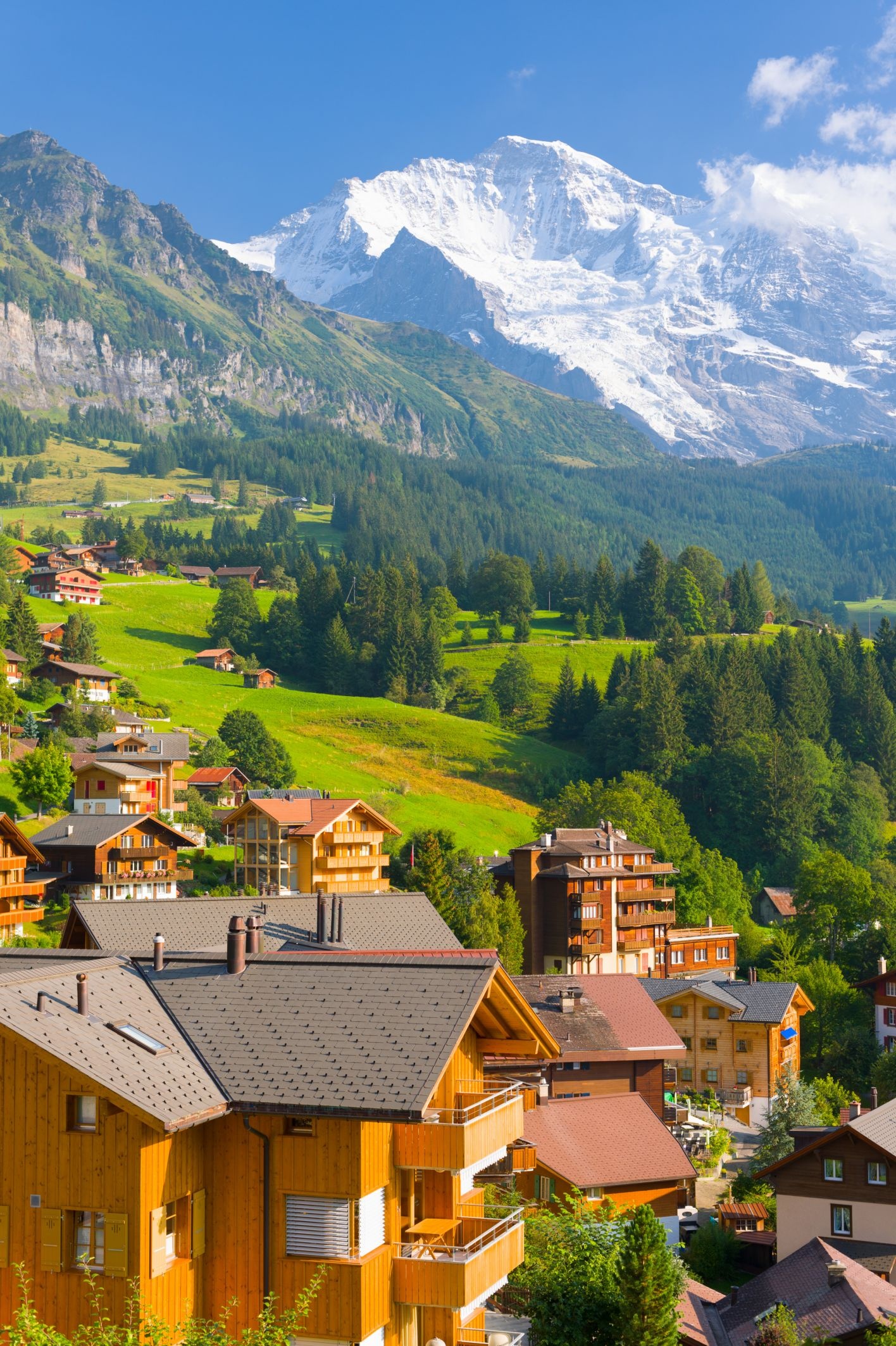 Snowy Swiss Alps peak, Traditional Swiss chalets, Green alpine hillside, HD Phone wallpaper