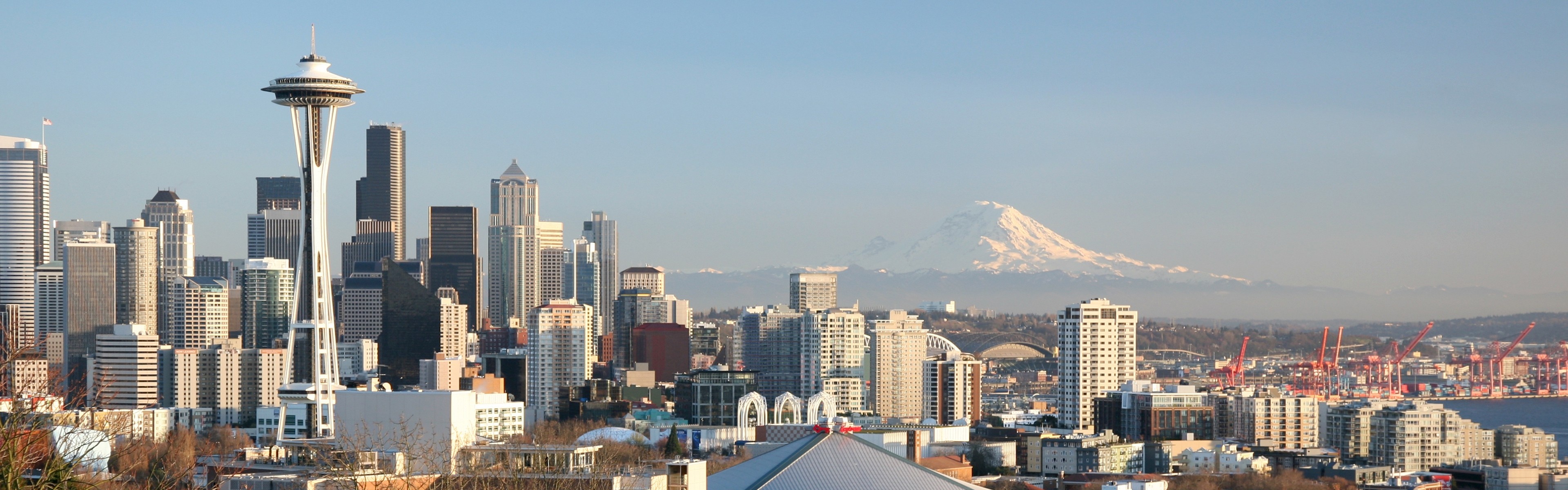 Cityscape skyline, Seattle metropolis, Downtown landmark, Urban area, 3840x1200 Dual Screen Desktop