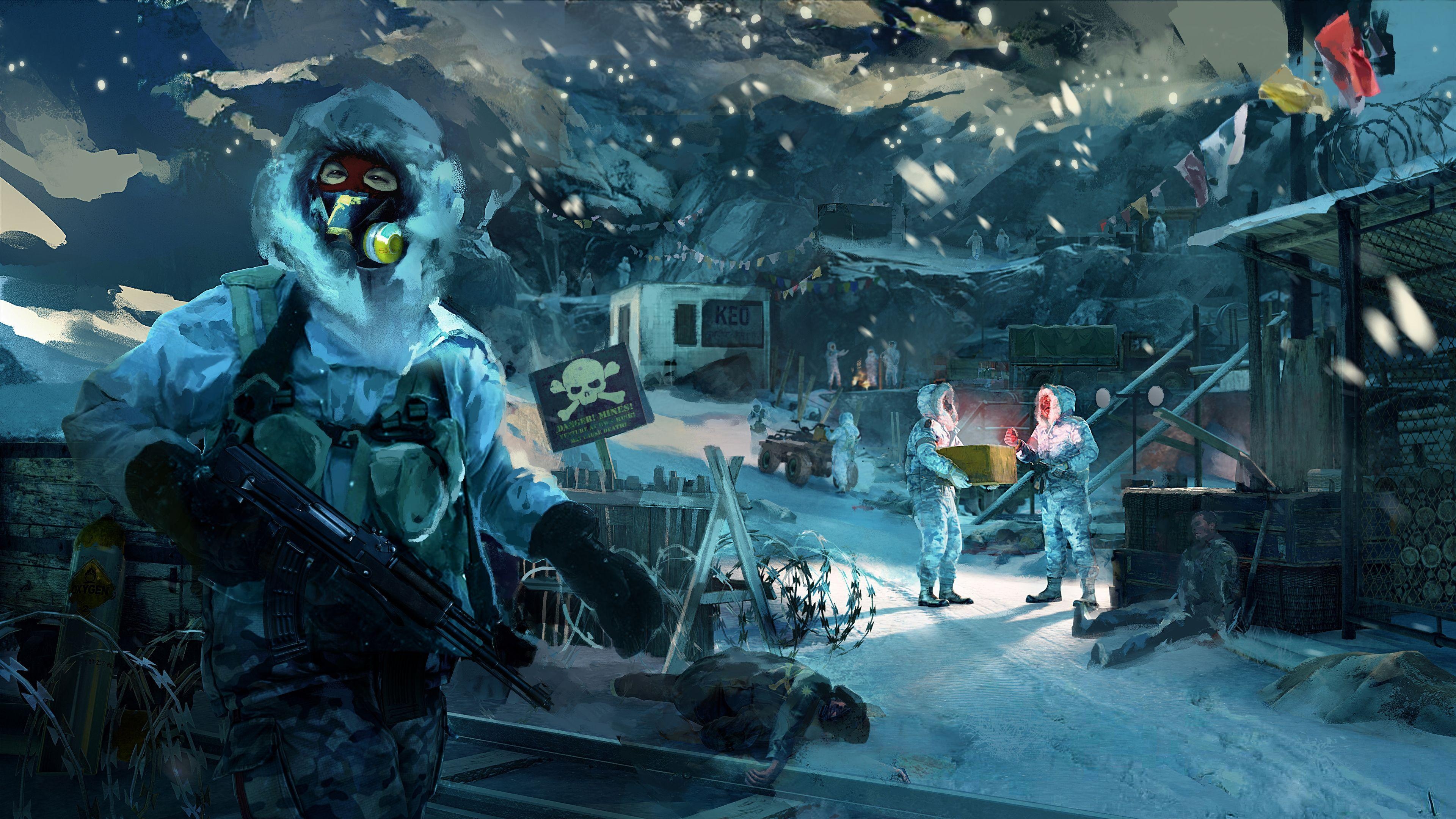 Far Cry 4 Royal Army soldier, Snowy Himalayan military outpost, Danger mines warning sign, 4K Desktop wallpaper