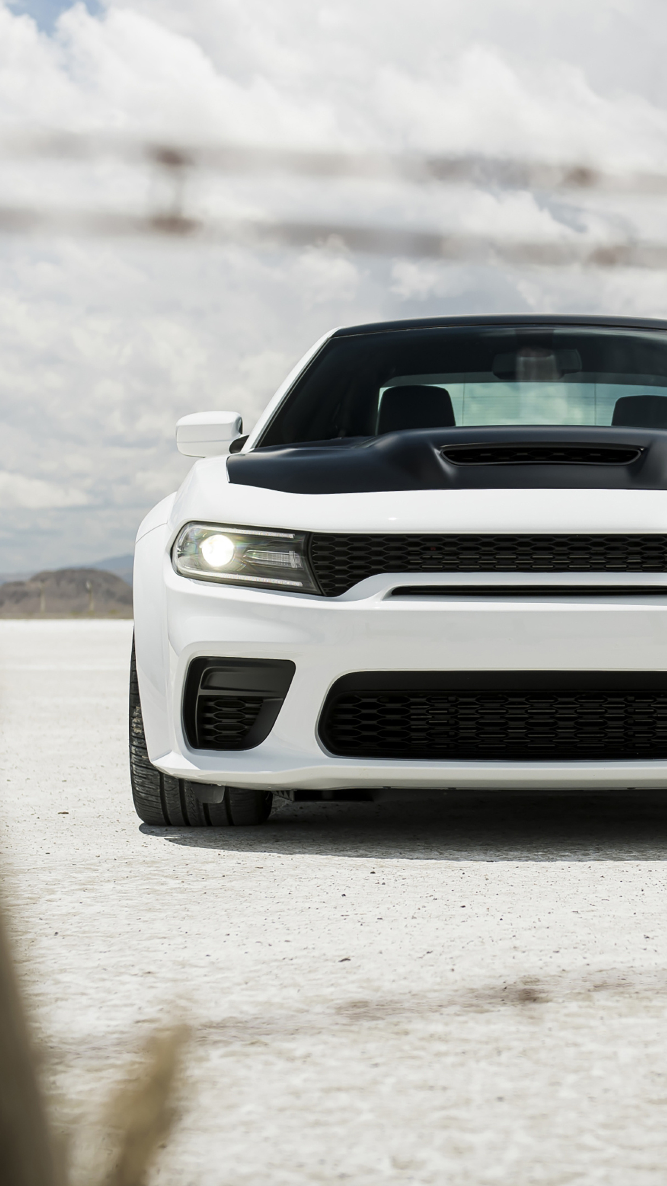 Dodge Charger SRT Hellcat Widebody, salt flats, black hood scoop, 4K Phone wallpaper