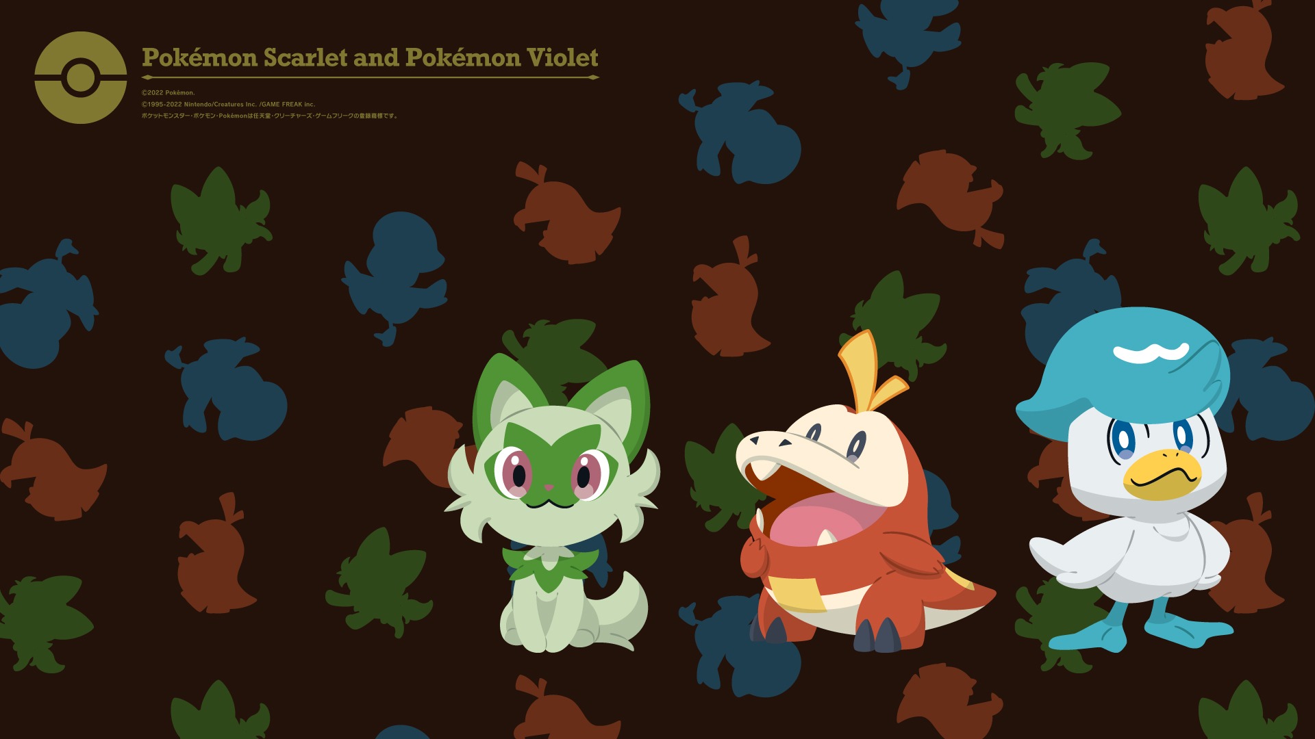 Sprigatito, Fuecoco, Quaxly, Poke Ball, Pokemon Scarlet and Violet, Silhouette pattern backdrop, Full HD Desktop wallpaper
