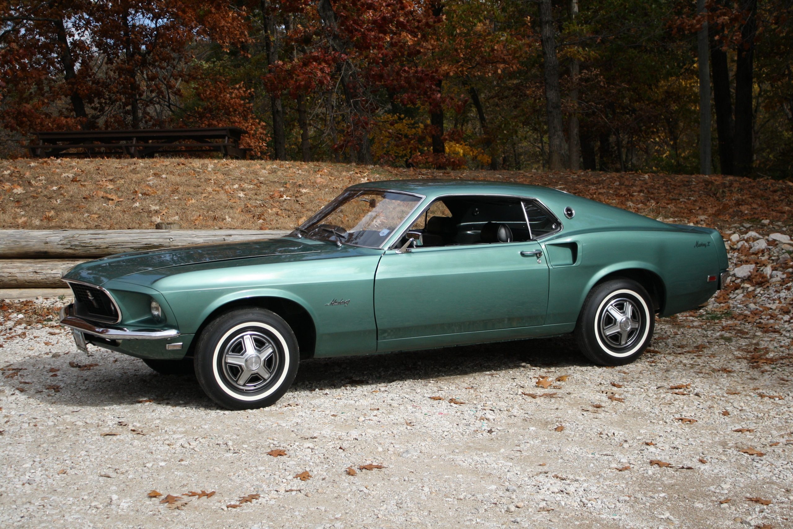 1969 Ford Mustang SportsRoof, Gravel park clearing, Autumn deciduous forest, HD Desktop wallpaper