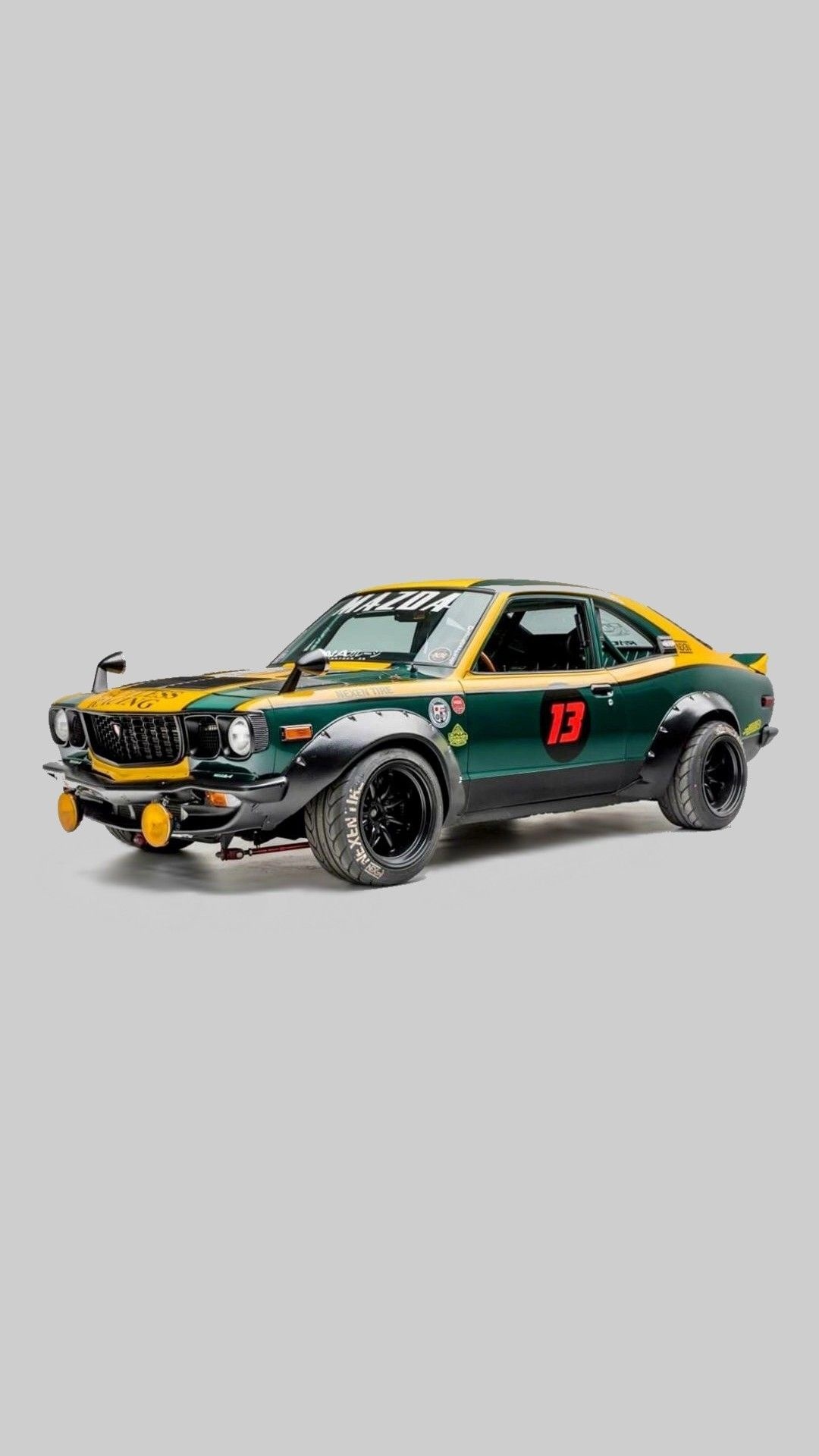 Mazda RX-3 coupe, green yellow racing livery, widebody bolt-on fender flares, Full HD Phone wallpaper