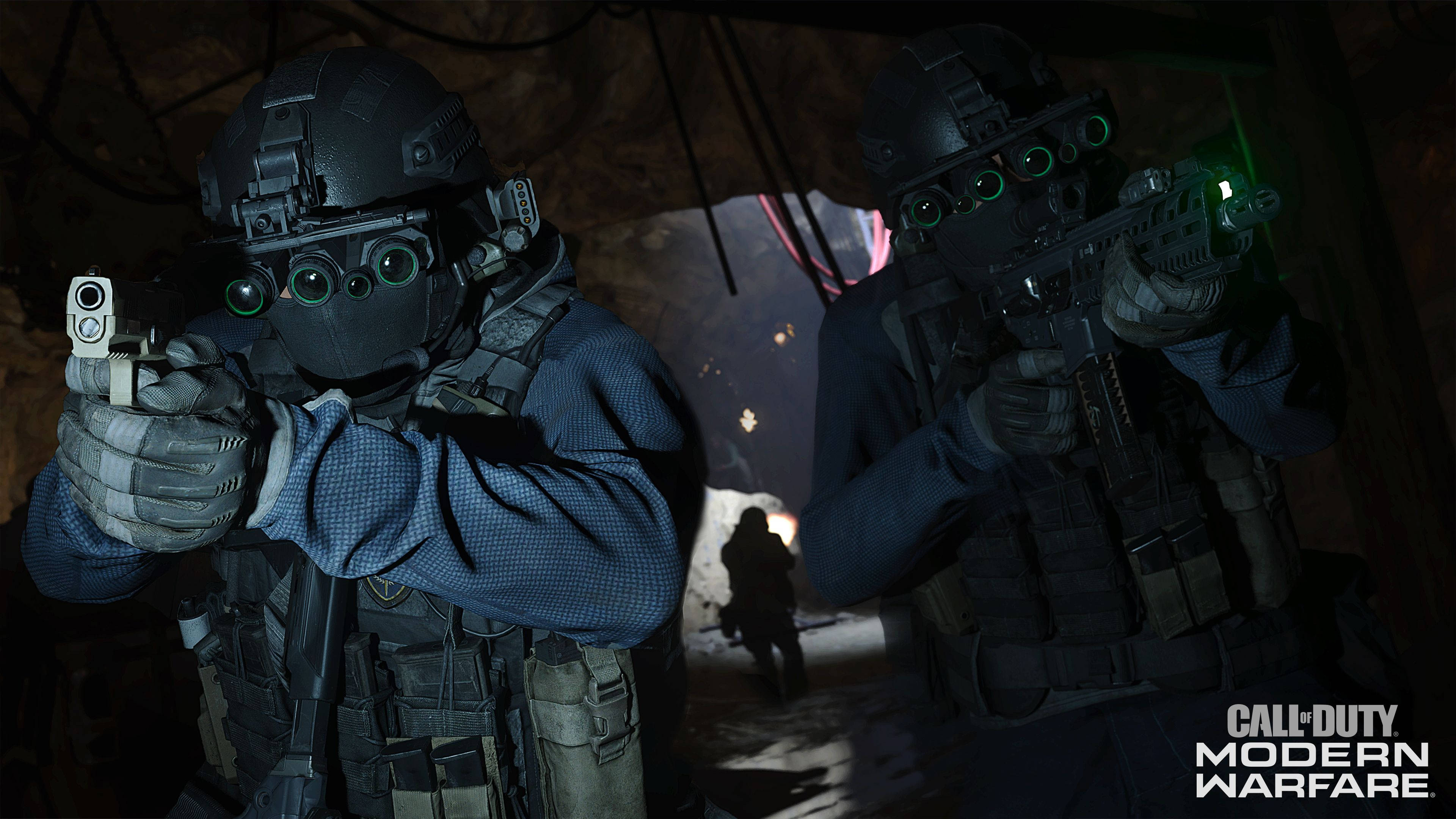 Call of Duty: Modern Warfare logo, GPNVG-18 night vision goggles, Tactical tunnel breach operation, 4K Desktop wallpaper
