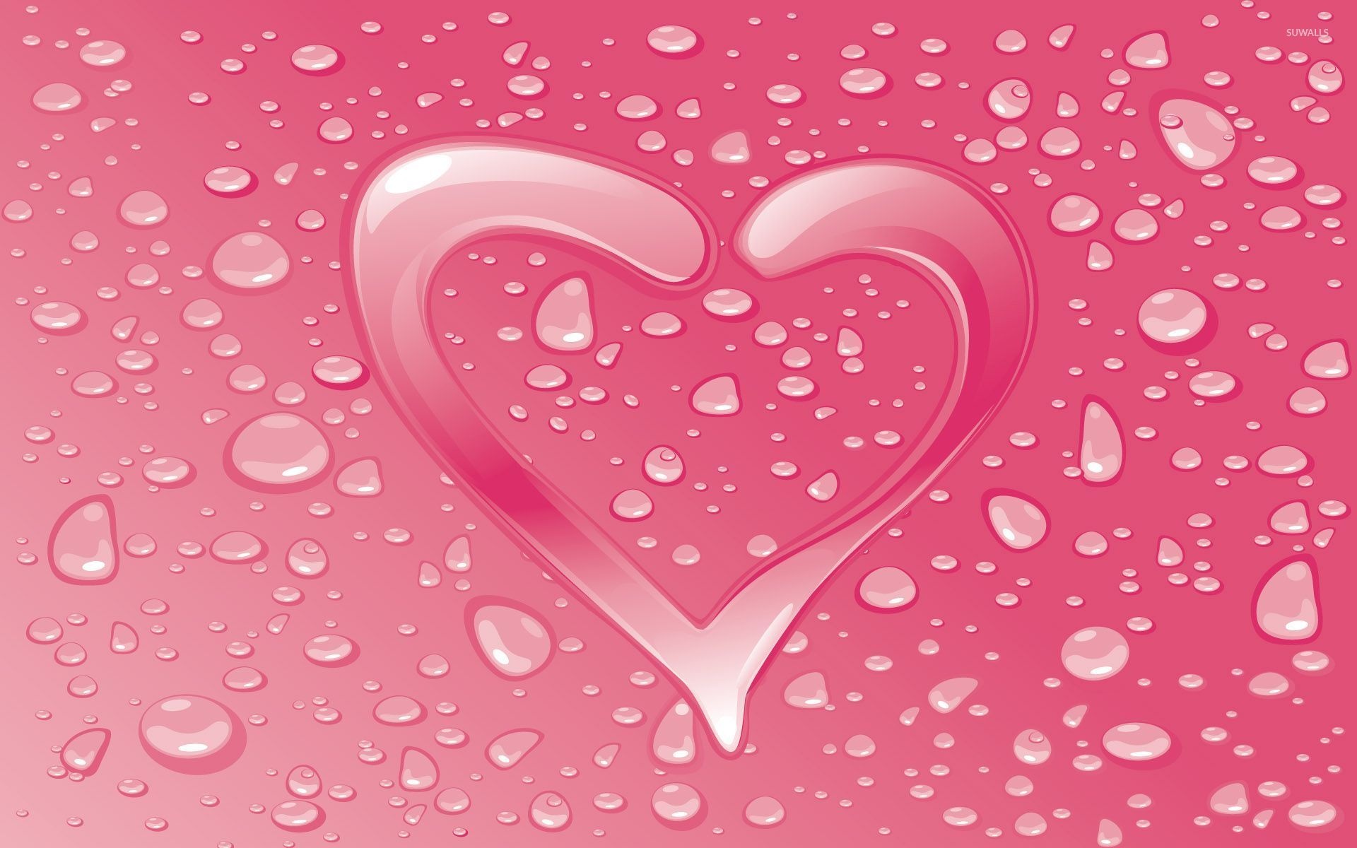 glossy pink heart, pink water droplets, liquid condensation beads, HD Desktop wallpaper