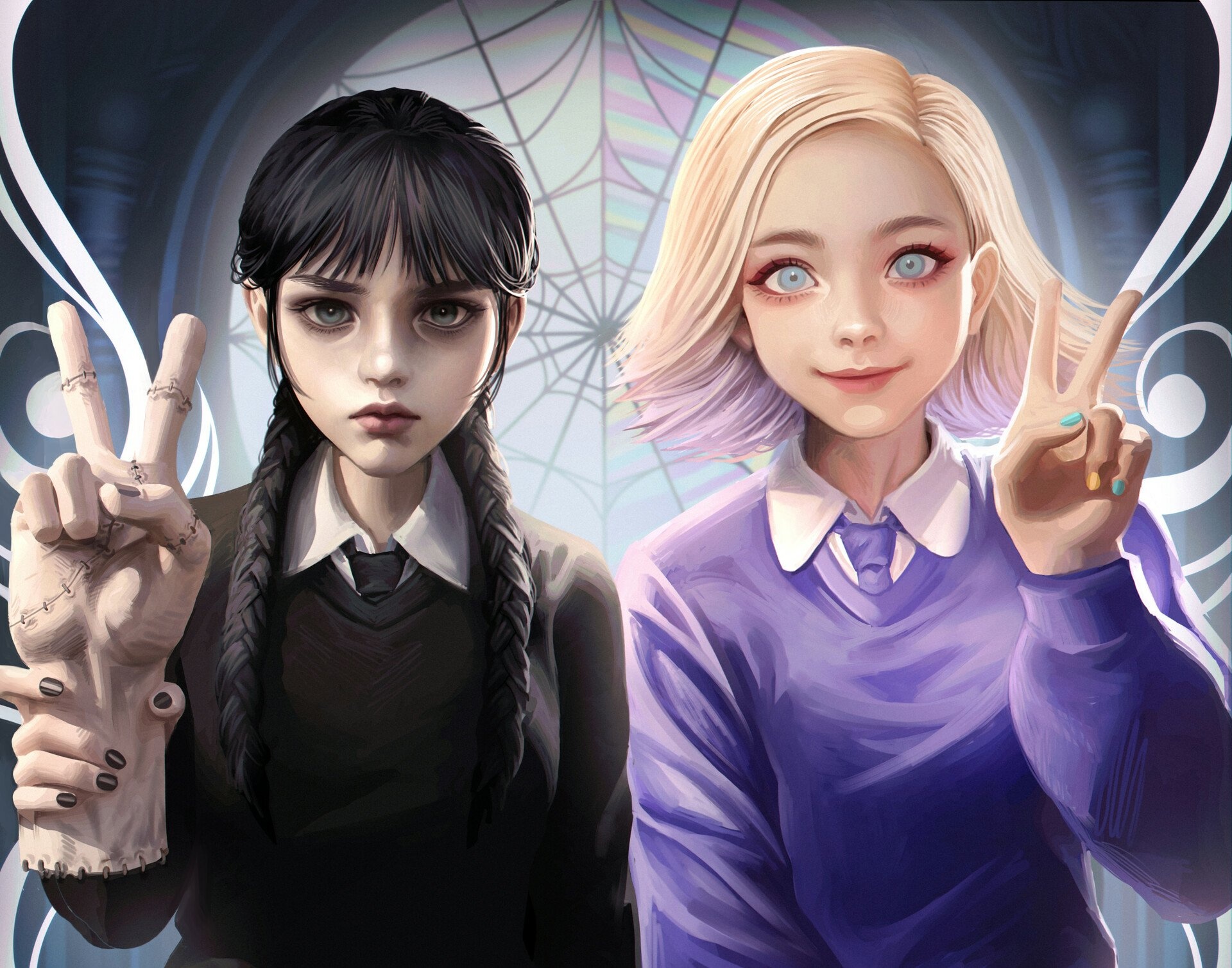 Wednesday Addams, Enid Sinclair, Thing, Ophelia Hall window, HD Desktop wallpaper