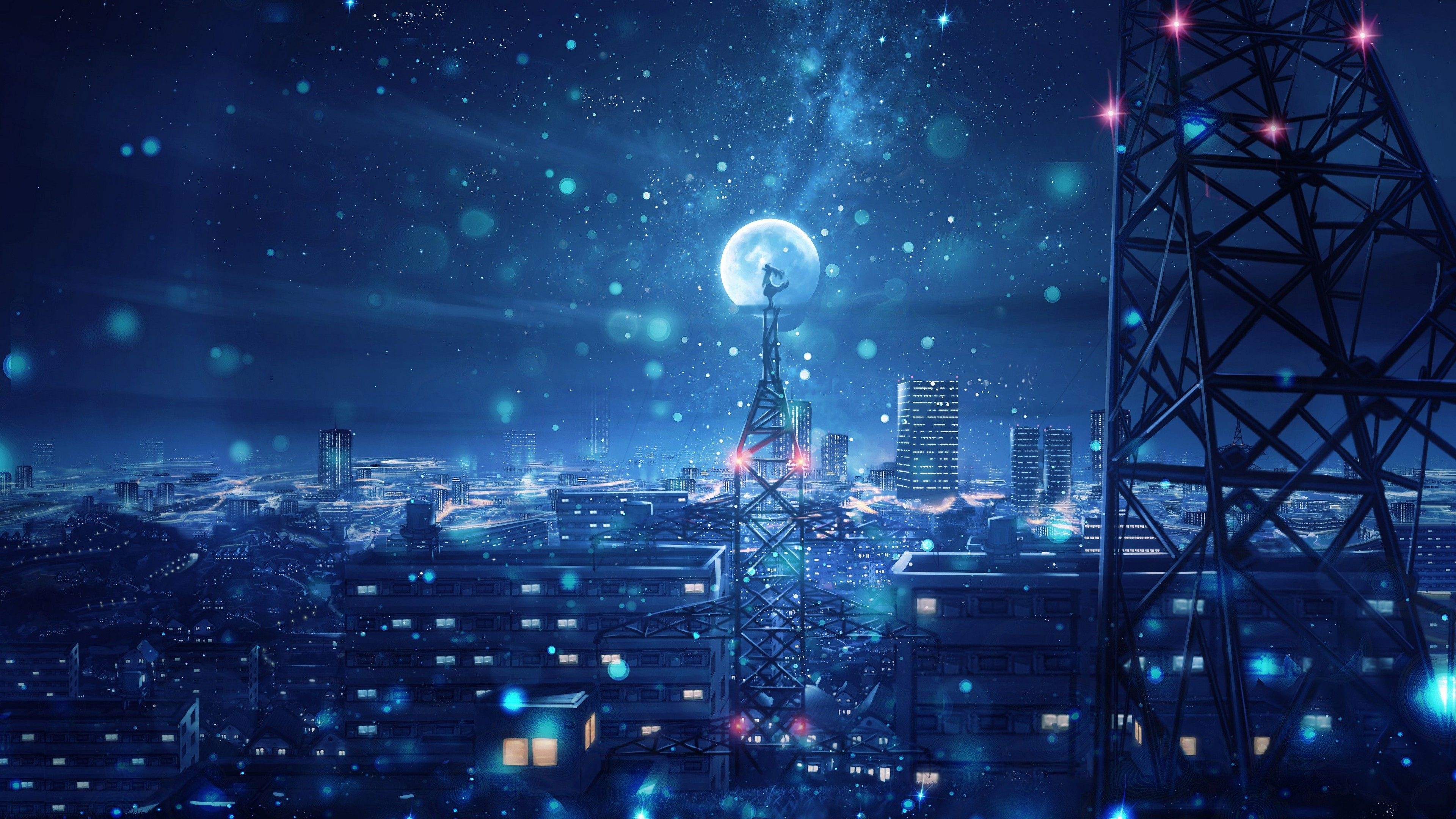 silhouette on transmission tower, illuminated night cityscape, luminous full moon, 4K Desktop wallpaper