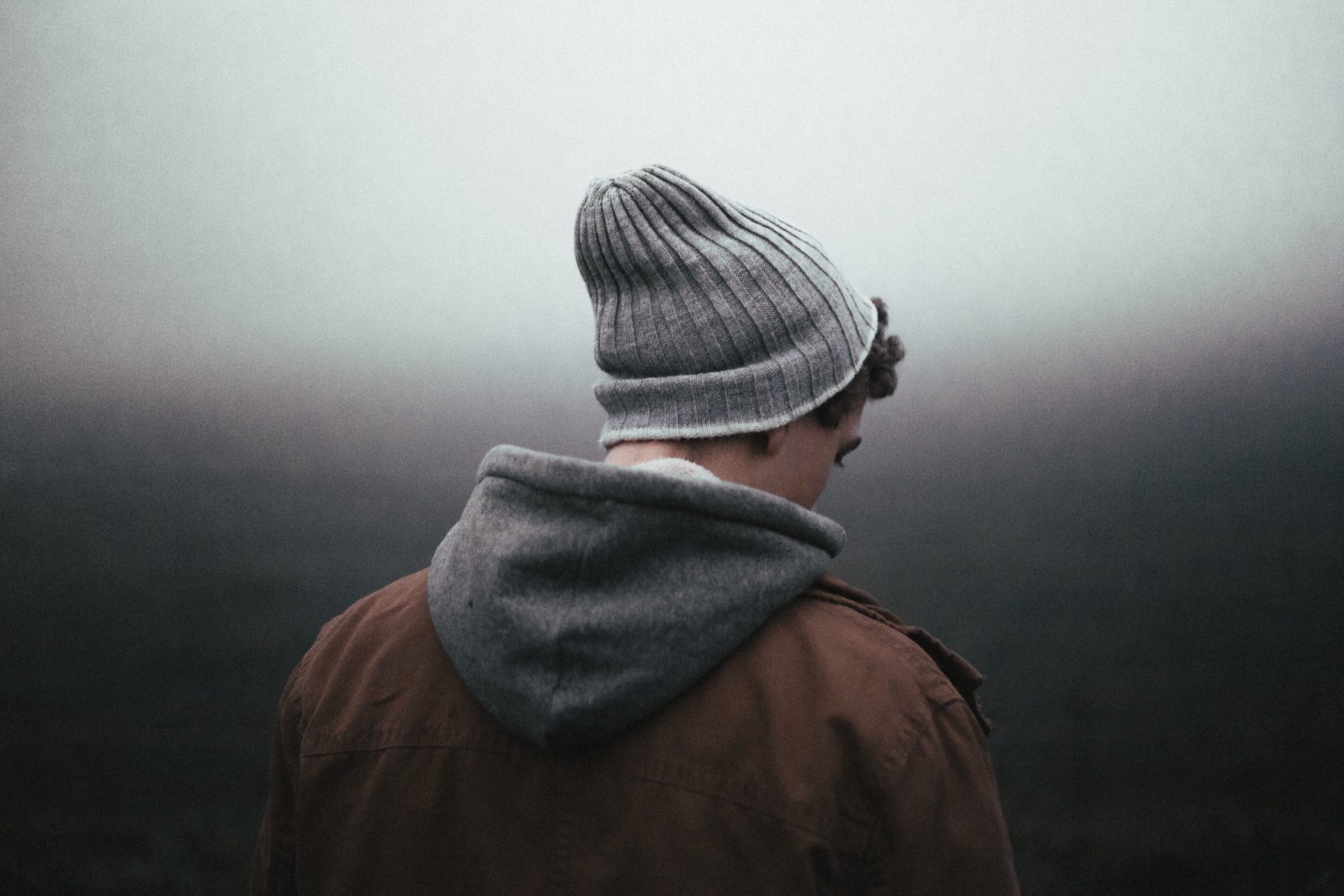Grey ribbed knit beanie, Person facing away, Dense foggy mist background, HD Desktop wallpaper