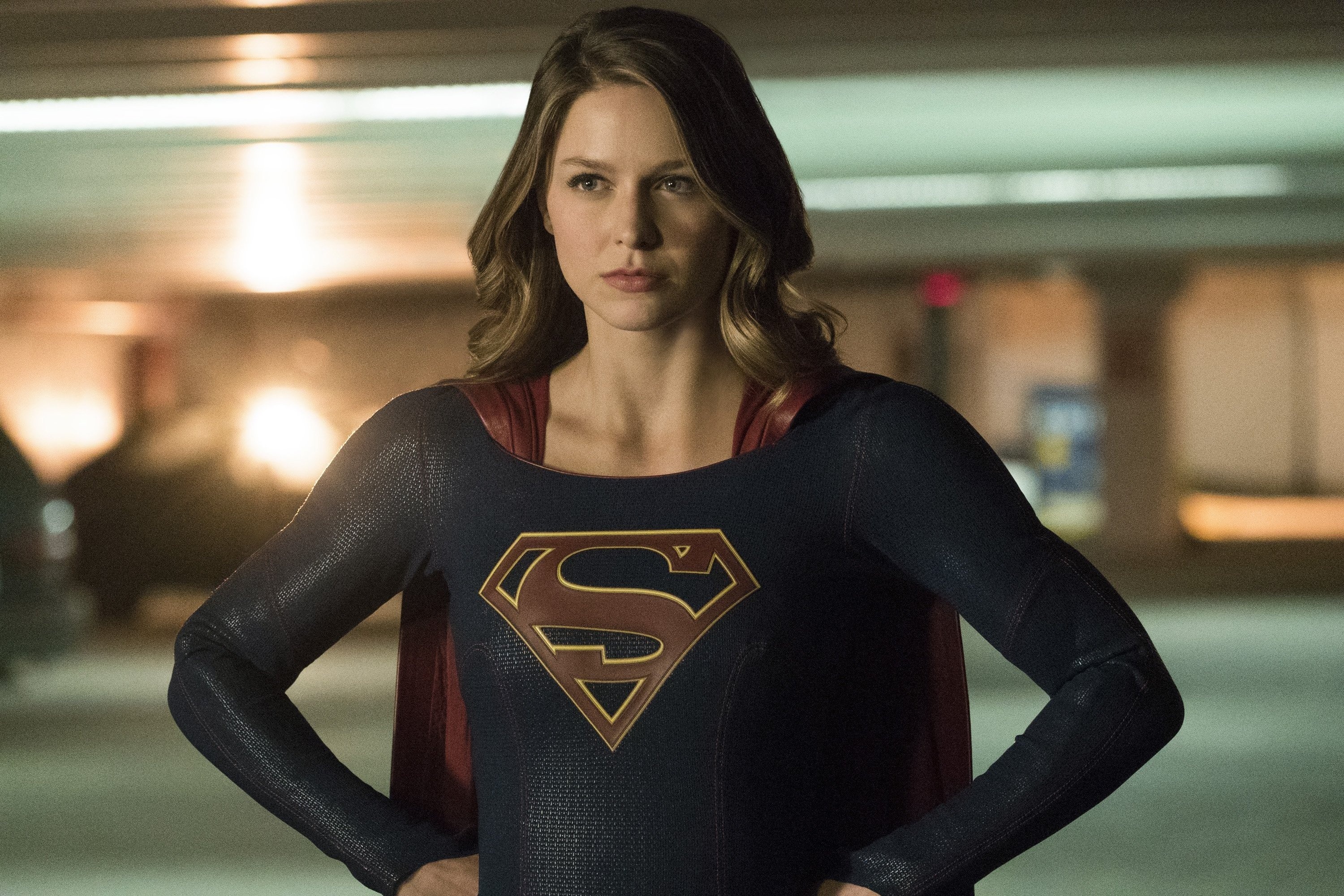 Melissa Benoist as Supergirl, House of El crest, Underground parking garage, HD Desktop wallpaper