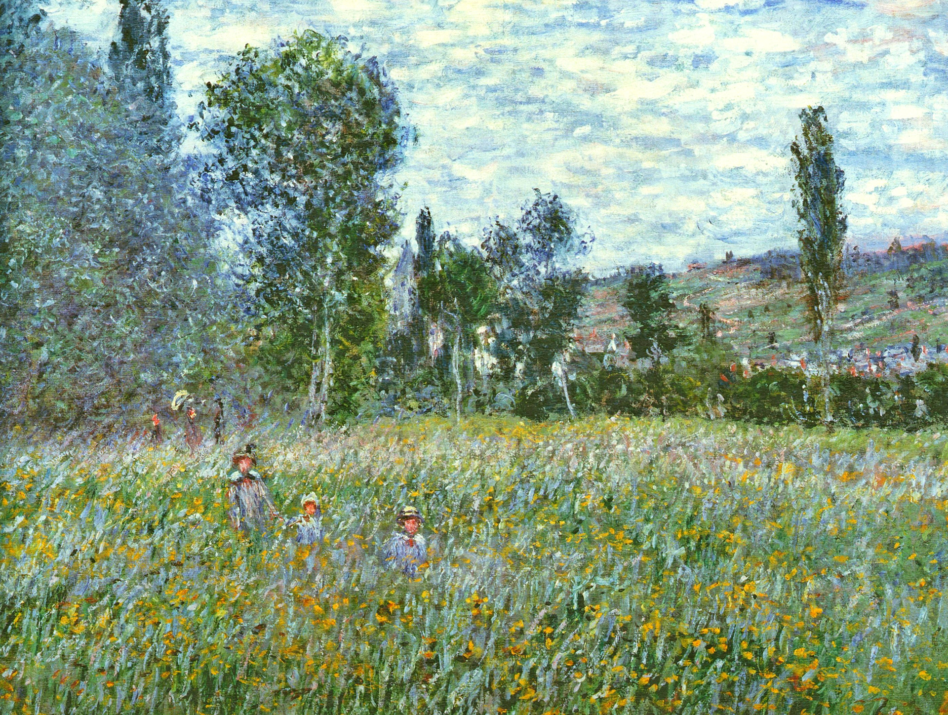 Meadow with Poplars, figures in wildflower meadow, Impressionist landscape painting, HD Desktop wallpaper