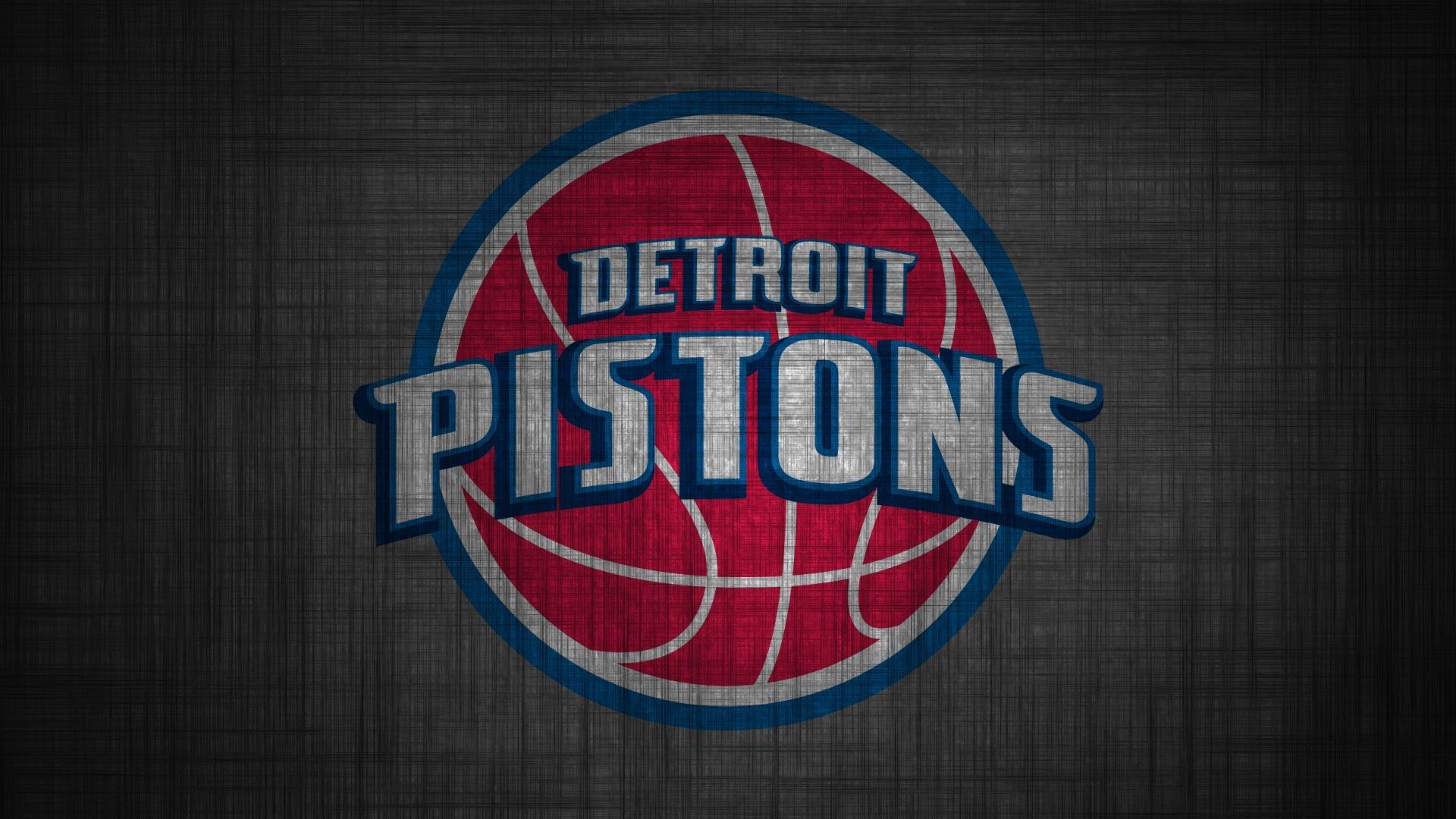 Detroit Pistons roundel logo, Red basketball with wordmark, Gray woven texture backdrop, Full HD Desktop wallpaper