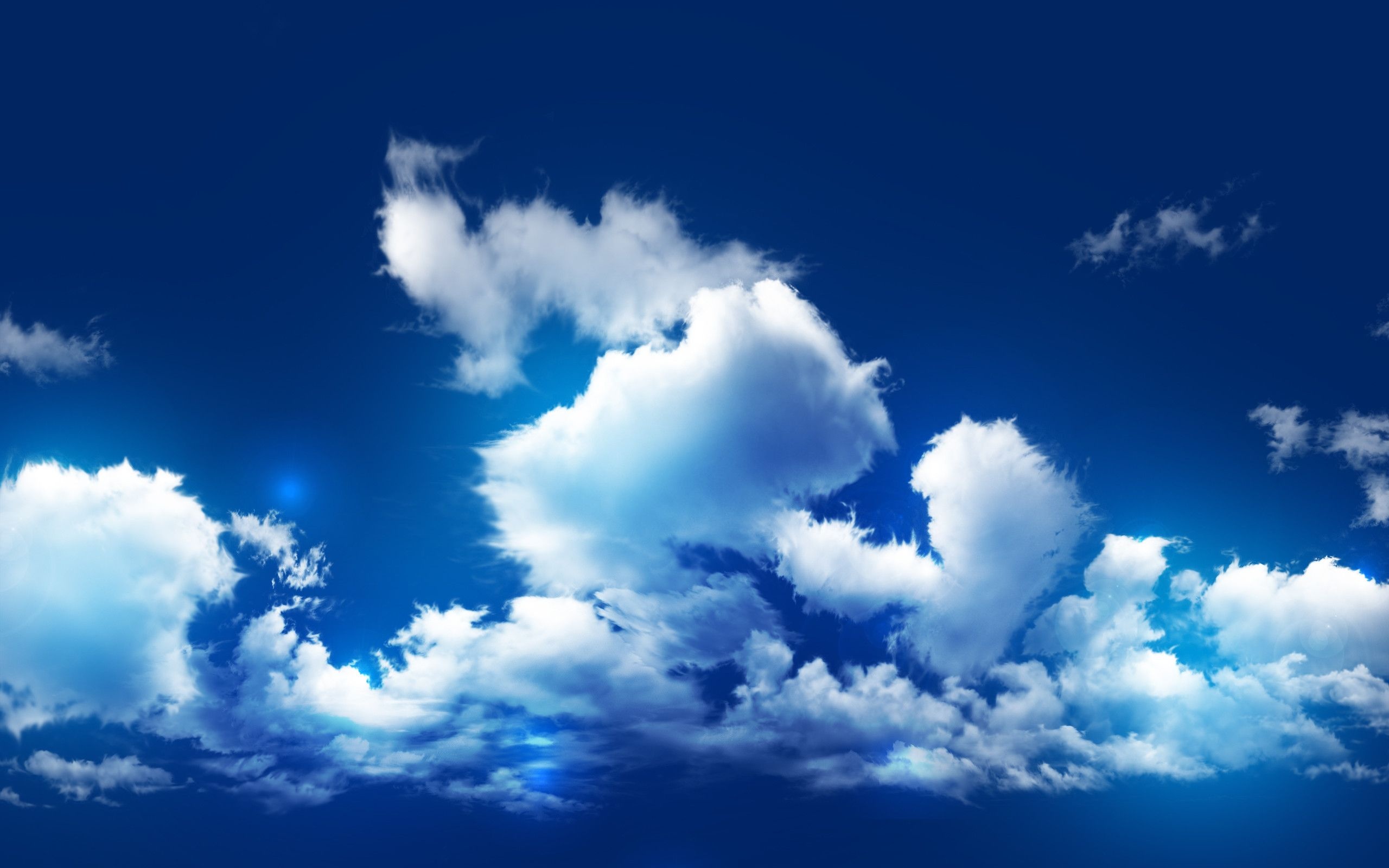 Fluffy white cumulus clouds, Deep cobalt blue sky, Glowing blue lens flare, HD Desktop wallpaper