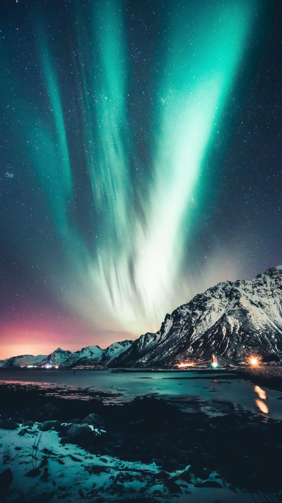 Green Aurora Borealis, Snowy mountain fjord, Arctic rocky shoreline, Full HD Phone wallpaper