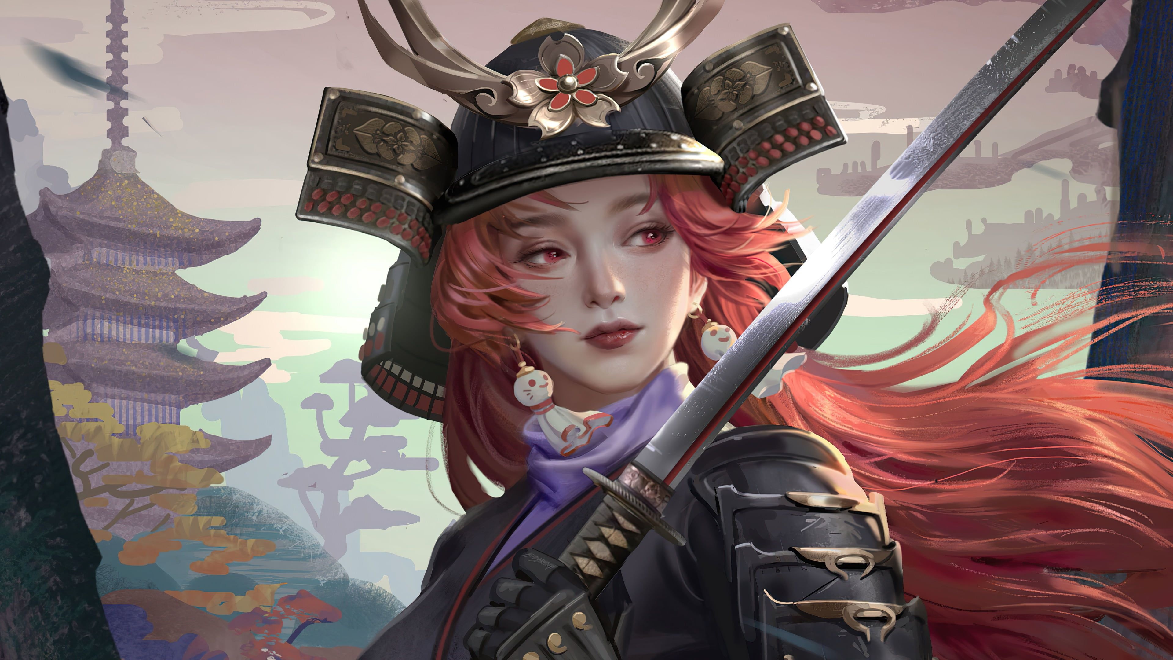 Red-haired female samurai, Kabuto helmet and armor, Japanese katana sword, 4K Desktop wallpaper