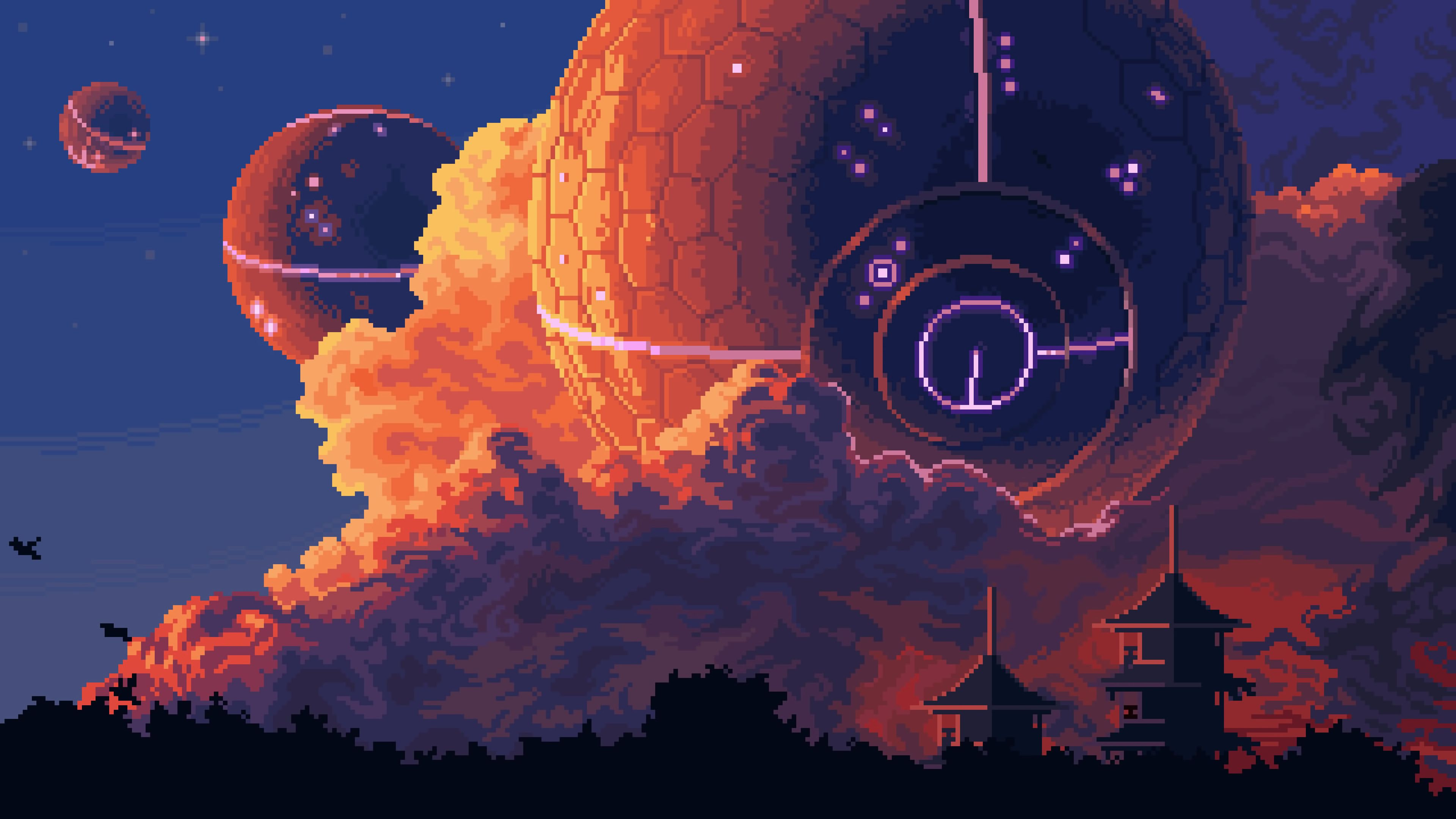 spherical sci-fi megastructure, Japanese pagoda silhouette, pixel art sunset clouds, 4K Desktop wallpaper