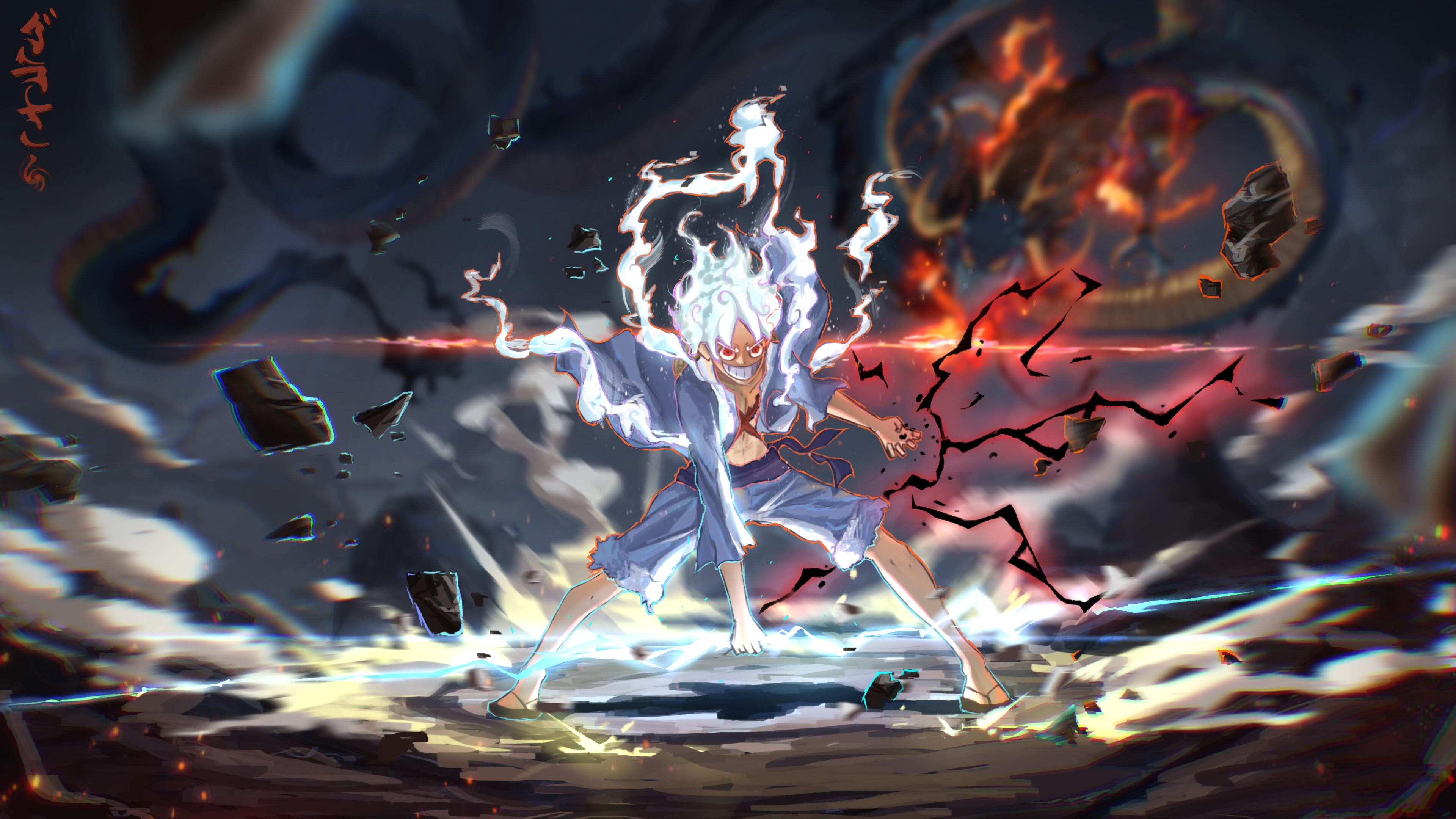 Luffy, Gear 5, Kaido, White smoke halo, Red-ringed eyes, Lightning over cracked ground, 4K Desktop wallpaper