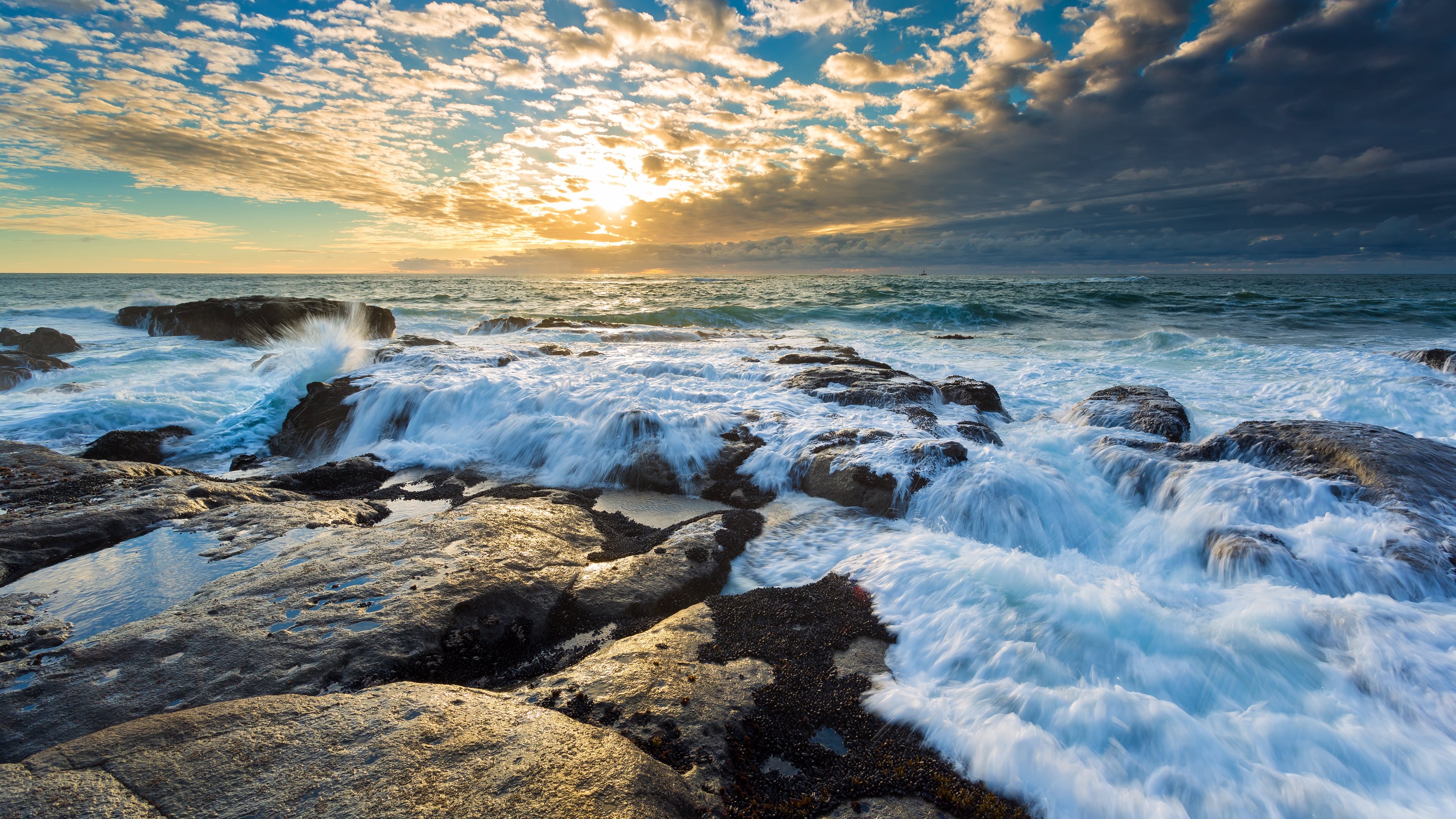 Waves on Rocks, Ocean Landscape Wallpaper, 3840x2160 4K Desktop